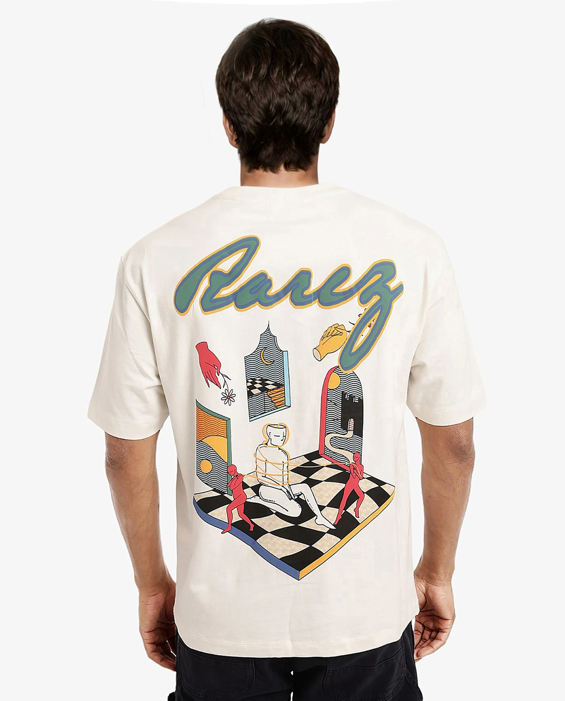 Rare Rabbit Men's Ches Off White Cotton Graphic Print Oversized Fit Half Sleeve Crew Neck T-Shirt - Image 3