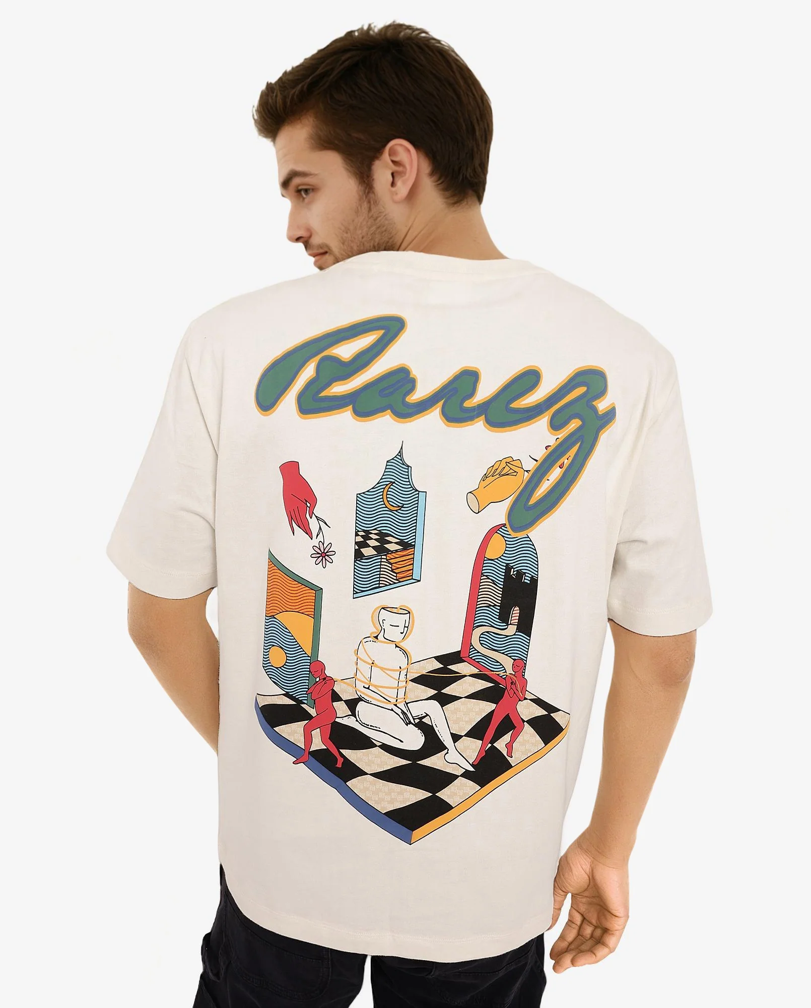 Rare Rabbit Men's Ches Off White Cotton Graphic Print Oversized Fit Half Sleeve Crew Neck T-Shirt - Image 5