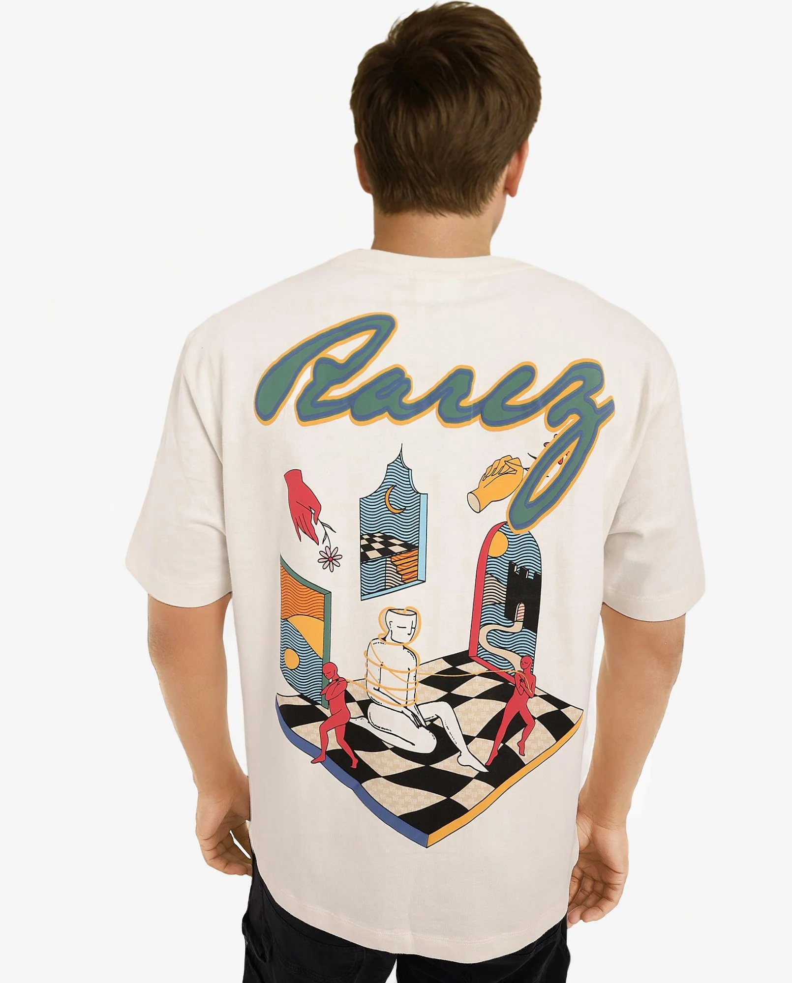 Rare Rabbit Men's Ches Off White Cotton Graphic Print Oversized Fit Half Sleeve Crew Neck T-Shirt - Image 7