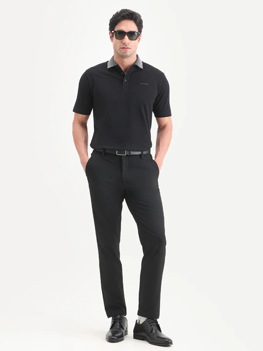 Rare Rabbit Men's Chesk Black Cotton Blend Fabric Half Sleeve Spread Collar Regular Fit Plain Polo - Image 2