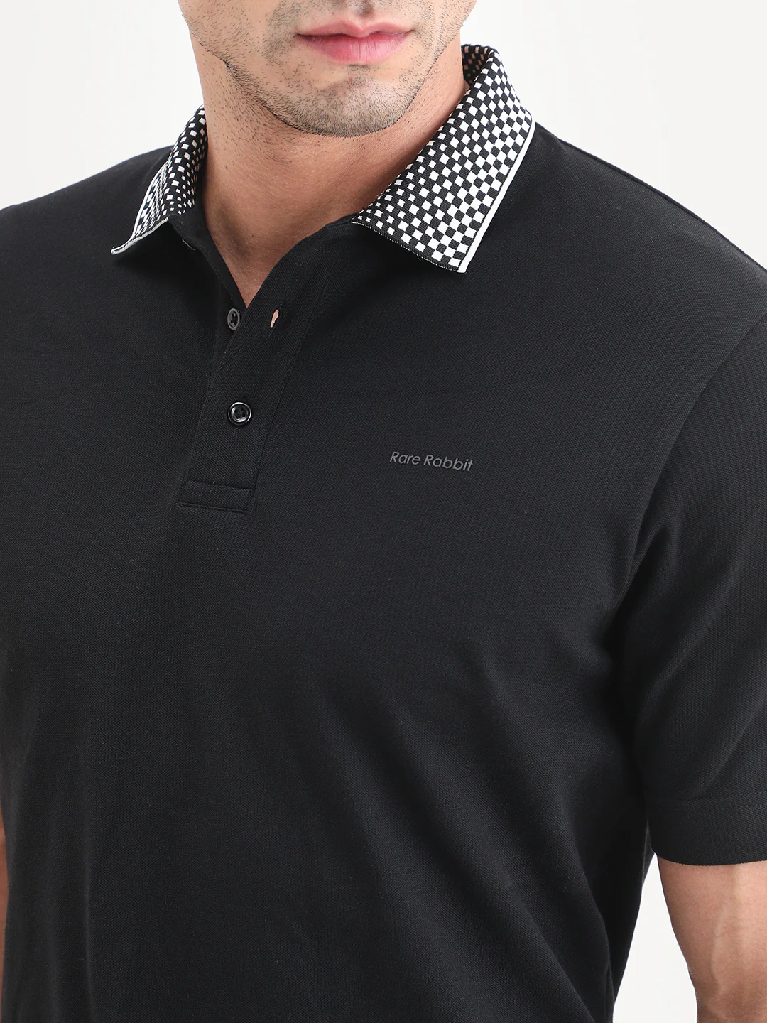 Rare Rabbit Men's Chesk Black Cotton Blend Fabric Half Sleeve Spread Collar Regular Fit Plain Polo - Image 3