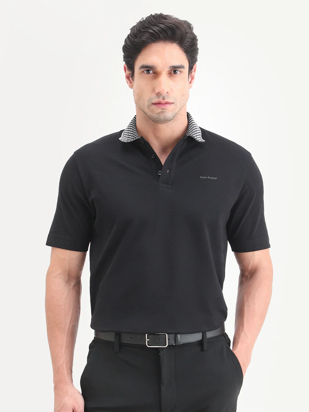 Rare Rabbit Men's Chesk Black Cotton Blend Fabric Half Sleeve Spread Collar Regular Fit Plain Polo - Image 4