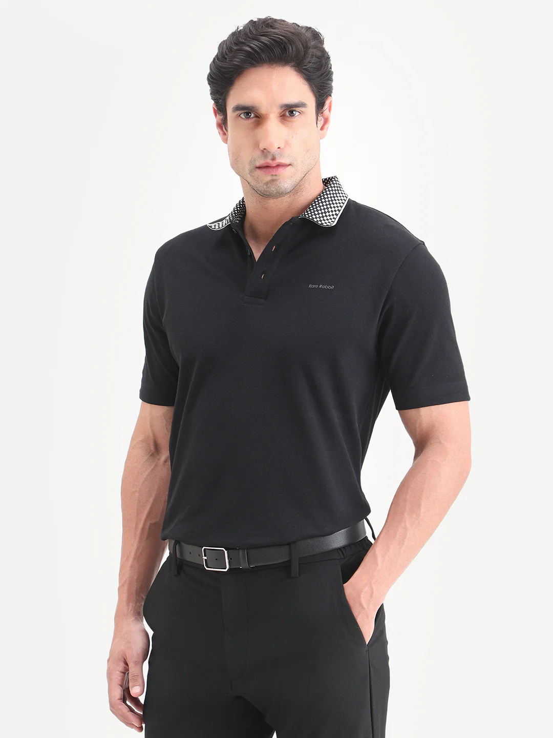 Rare Rabbit Men's Chesk Black Cotton Blend Fabric Half Sleeve Spread Collar Regular Fit Plain Polo - Image 5