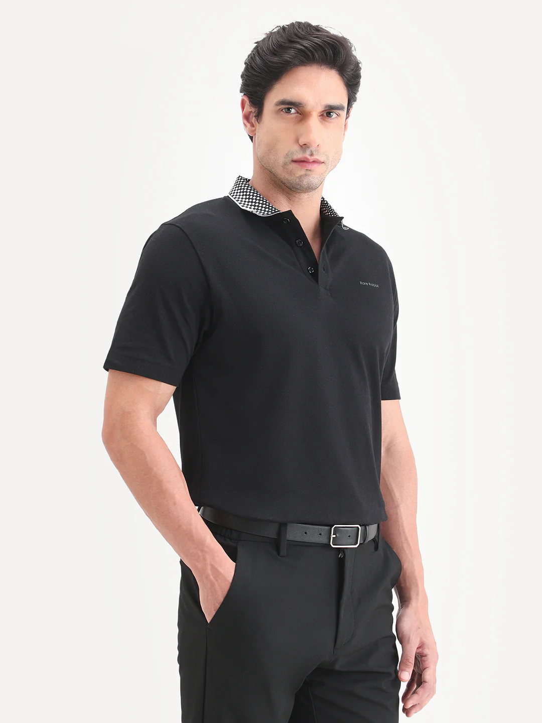 Rare Rabbit Men's Chesk Black Cotton Blend Fabric Half Sleeve Spread Collar Regular Fit Plain Polo - Image 6