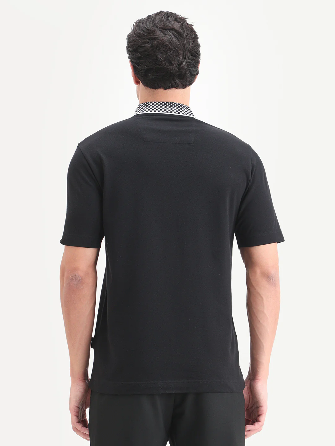 Rare Rabbit Men's Chesk Black Cotton Blend Fabric Half Sleeve Spread Collar Regular Fit Plain Polo - Image 7