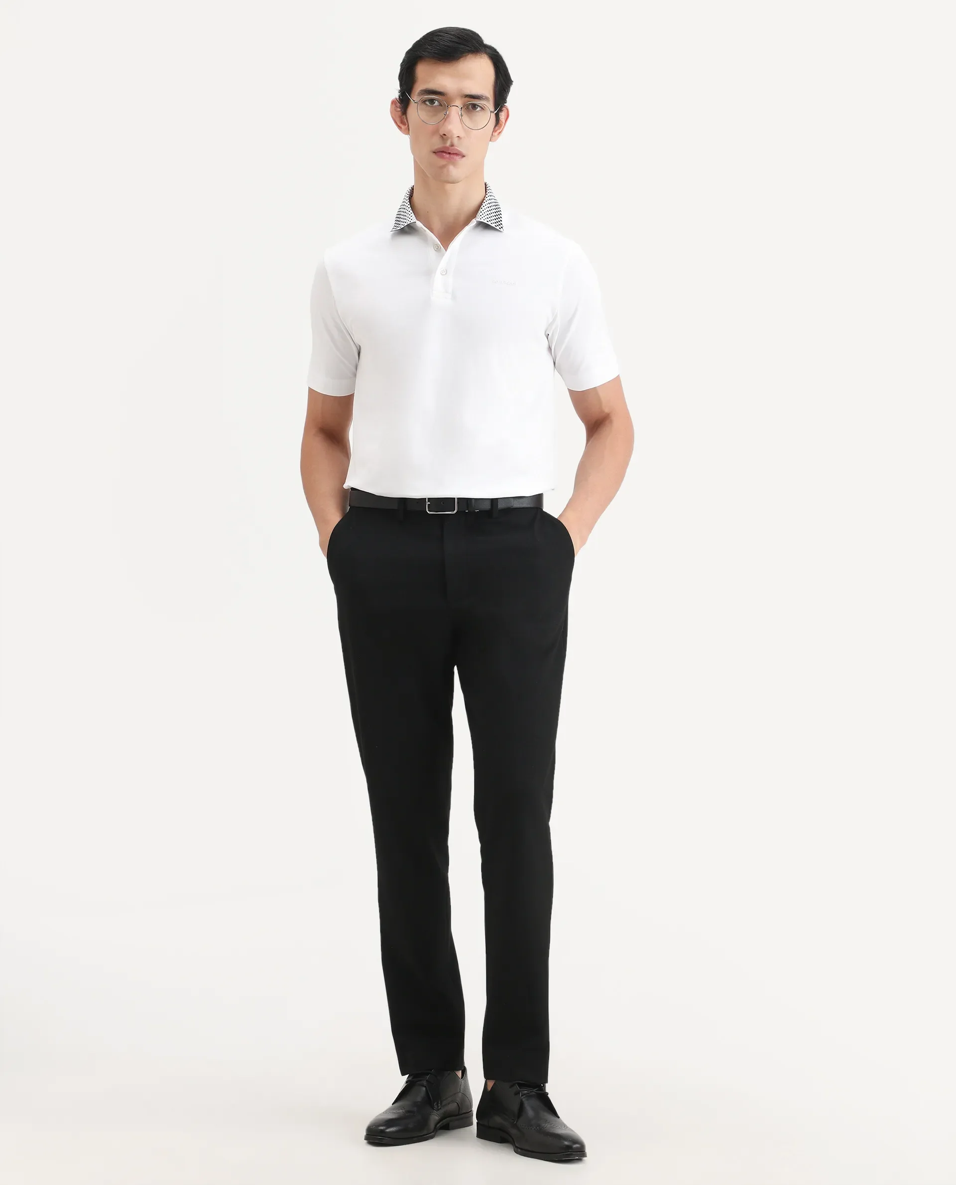 Rare Rabbit Men's Chesk White Cotton Blend Fabric Half Sleeve Spread Collar Regular Fit Plain Polo - Image 2