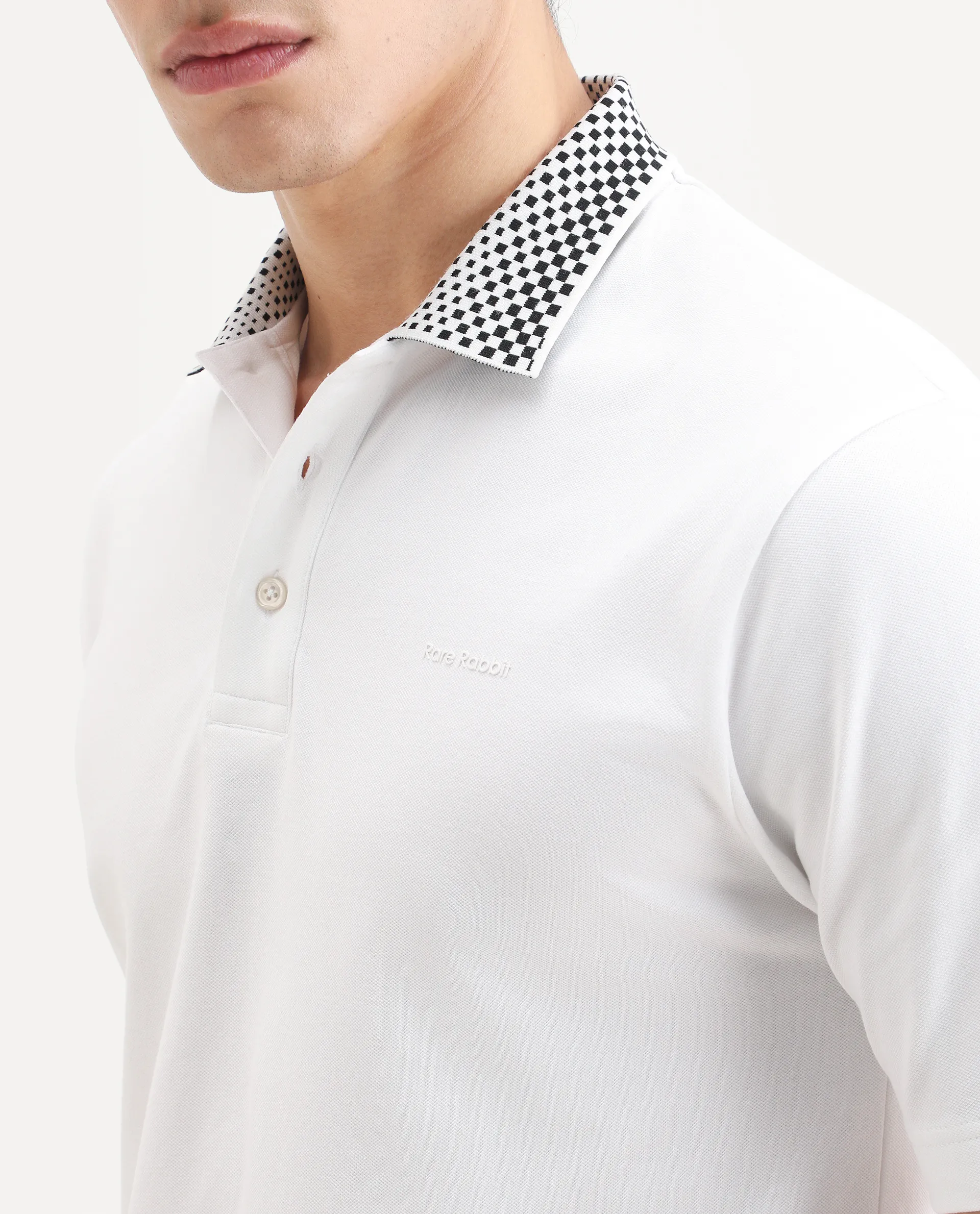 Rare Rabbit Men's Chesk White Cotton Blend Fabric Half Sleeve Spread Collar Regular Fit Plain Polo - Image 3