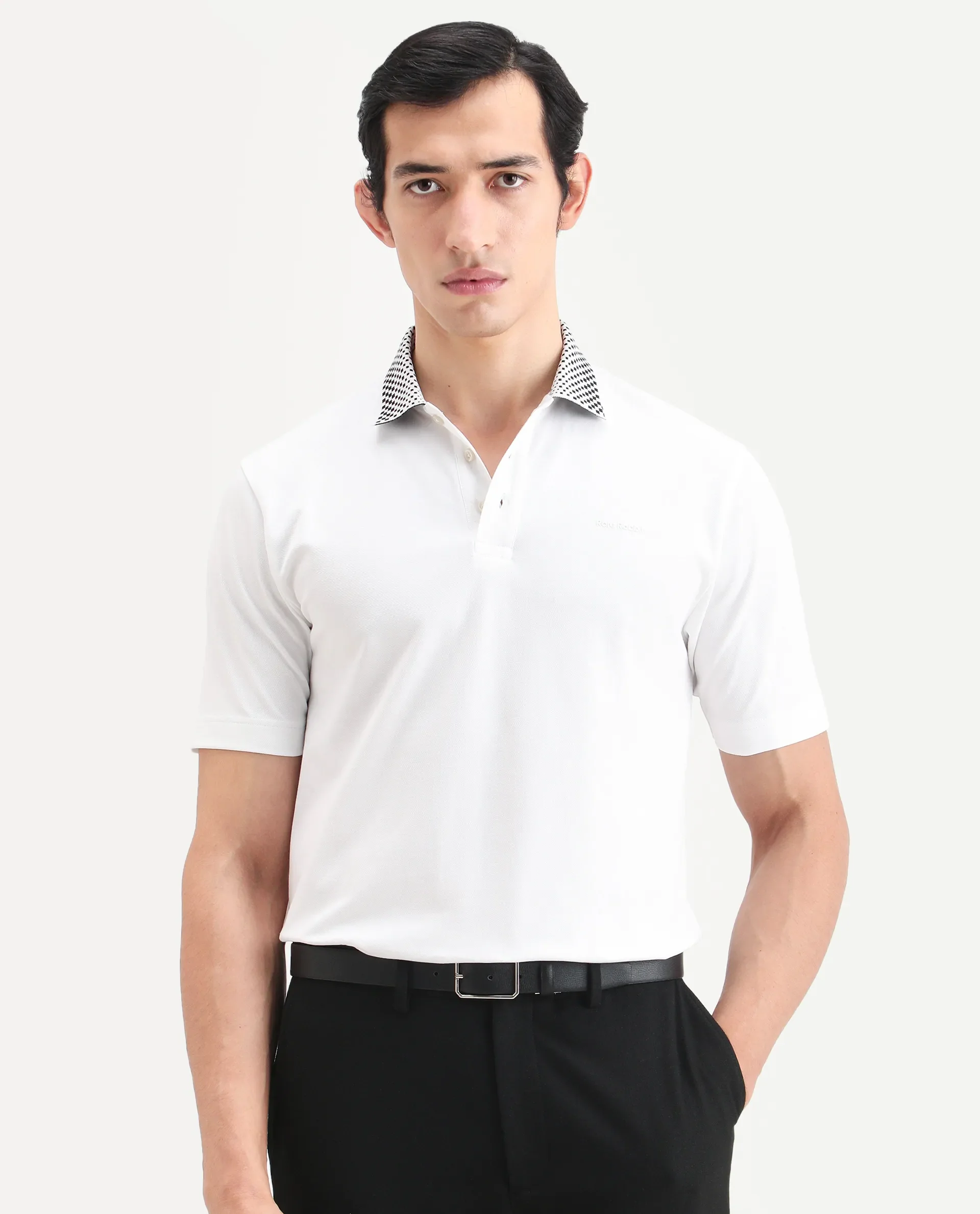 Rare Rabbit Men's Chesk White Cotton Blend Fabric Half Sleeve Spread Collar Regular Fit Plain Polo - Image 4
