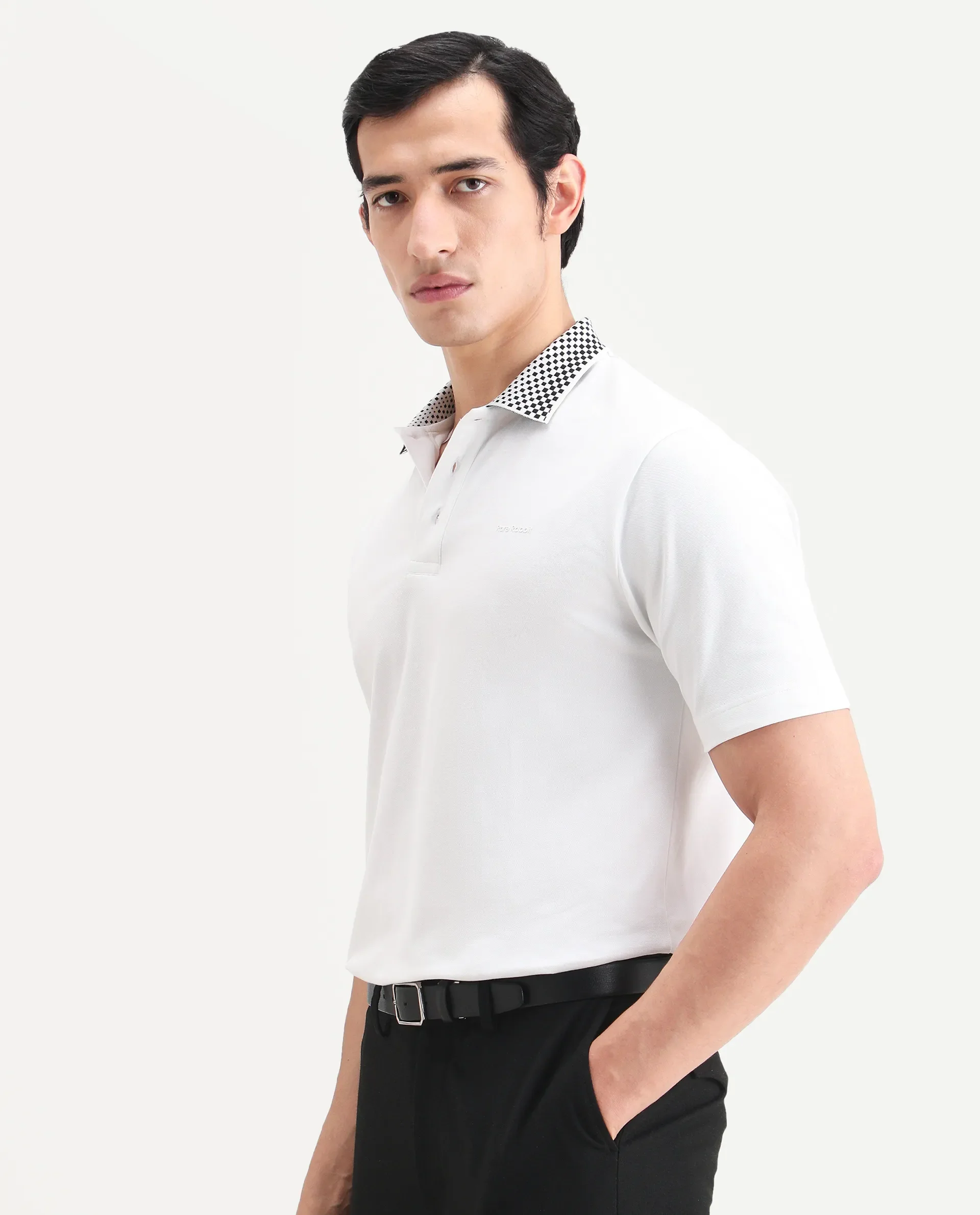 Rare Rabbit Men's Chesk White Cotton Blend Fabric Half Sleeve Spread Collar Regular Fit Plain Polo - Image 5