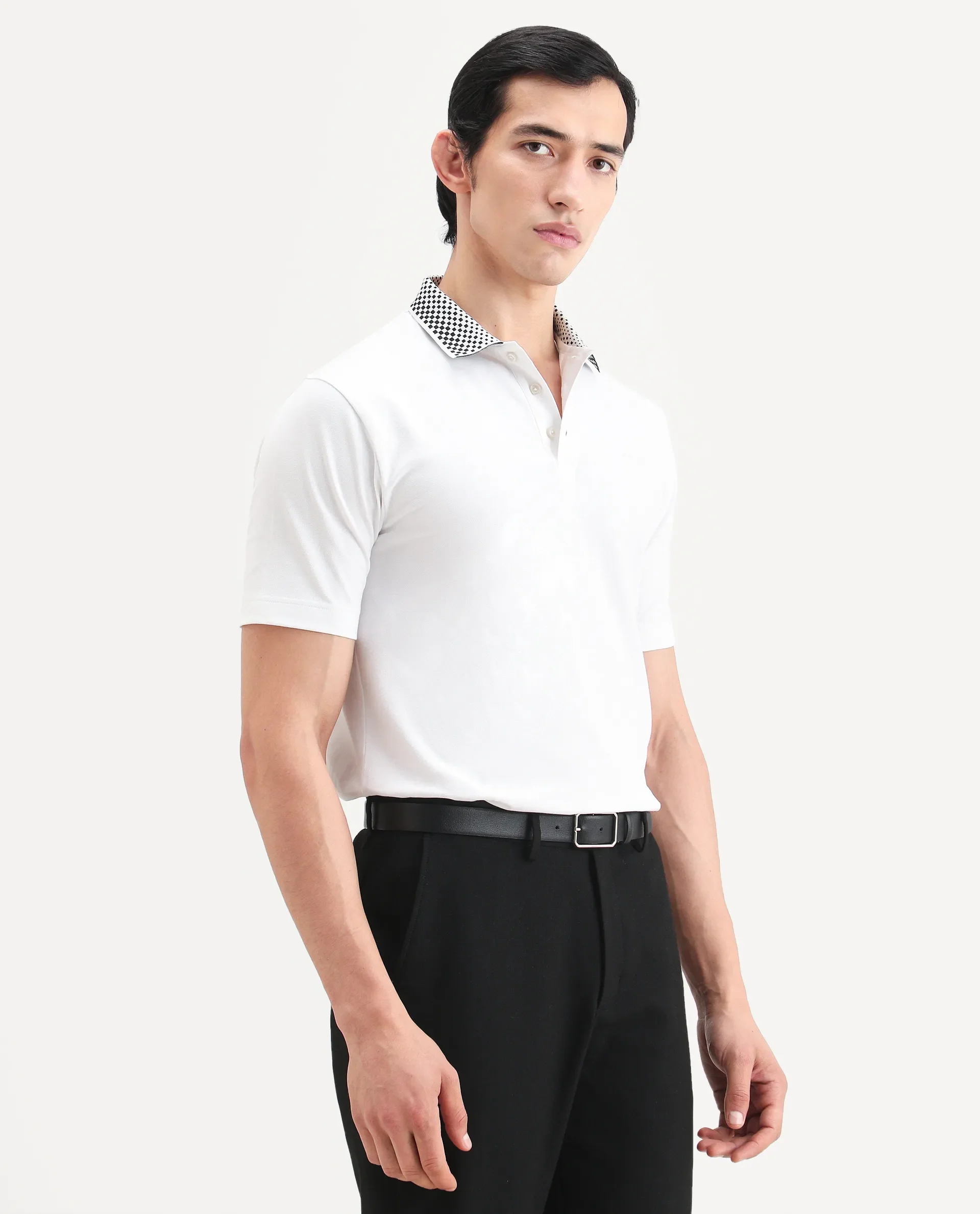 Rare Rabbit Men's Chesk White Cotton Blend Fabric Half Sleeve Spread Collar Regular Fit Plain Polo - Image 6
