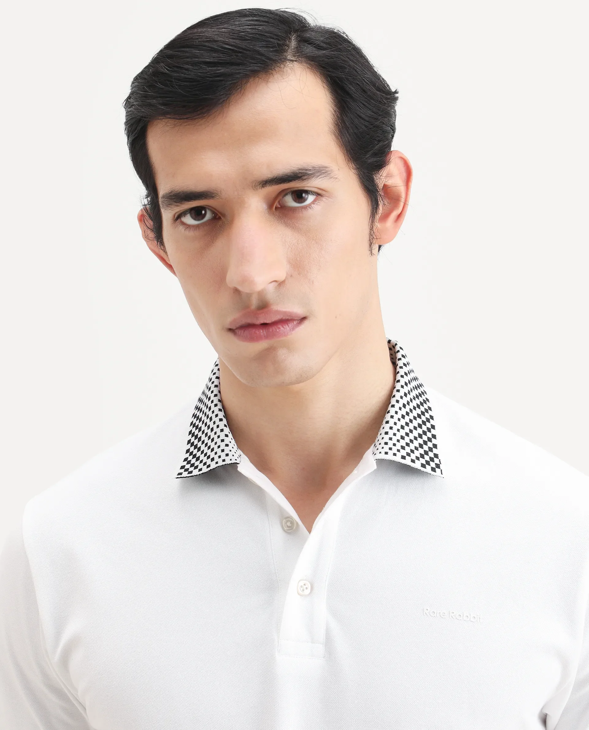 Rare Rabbit Men's Chesk White Cotton Blend Fabric Half Sleeve Spread Collar Regular Fit Plain Polo - Image 7