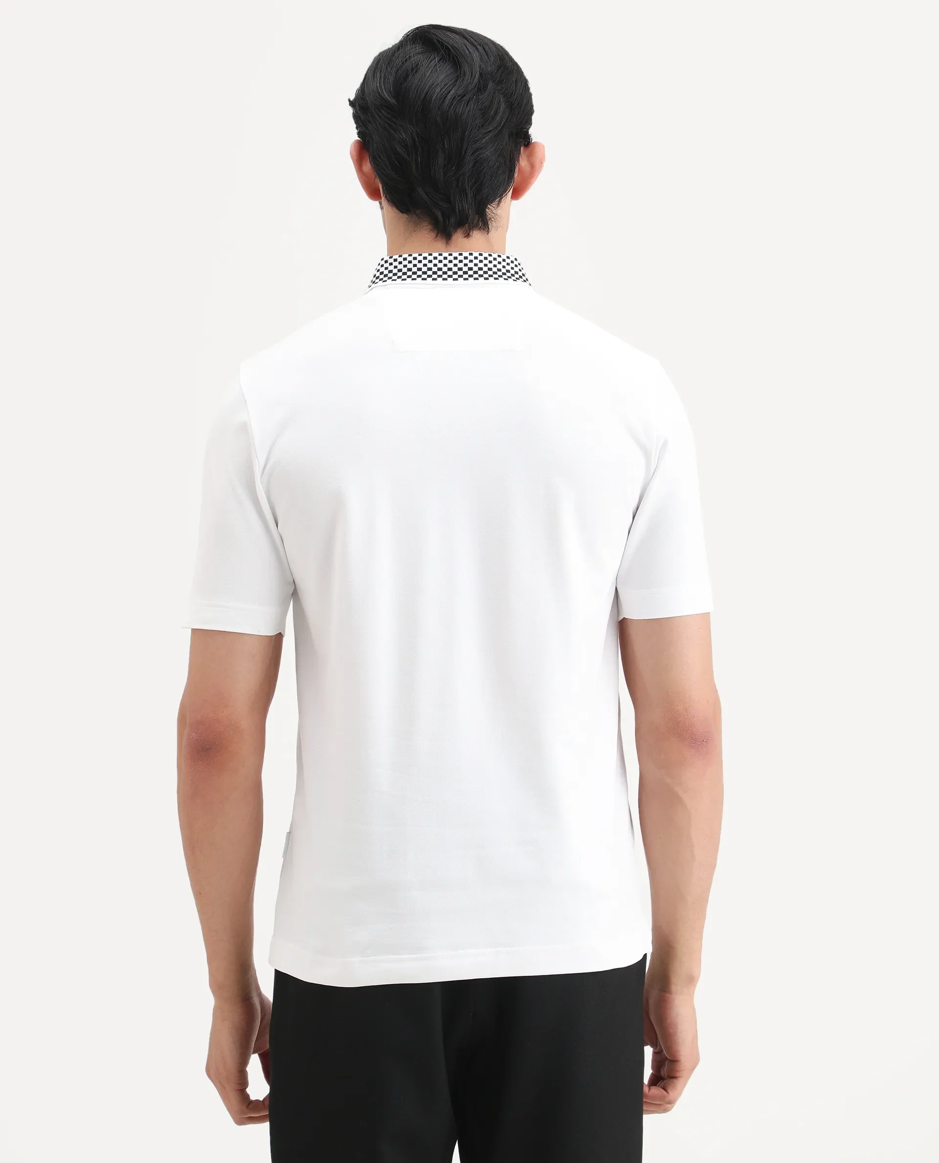 Rare Rabbit Men's Chesk White Cotton Blend Fabric Half Sleeve Spread Collar Regular Fit Plain Polo - Image 8