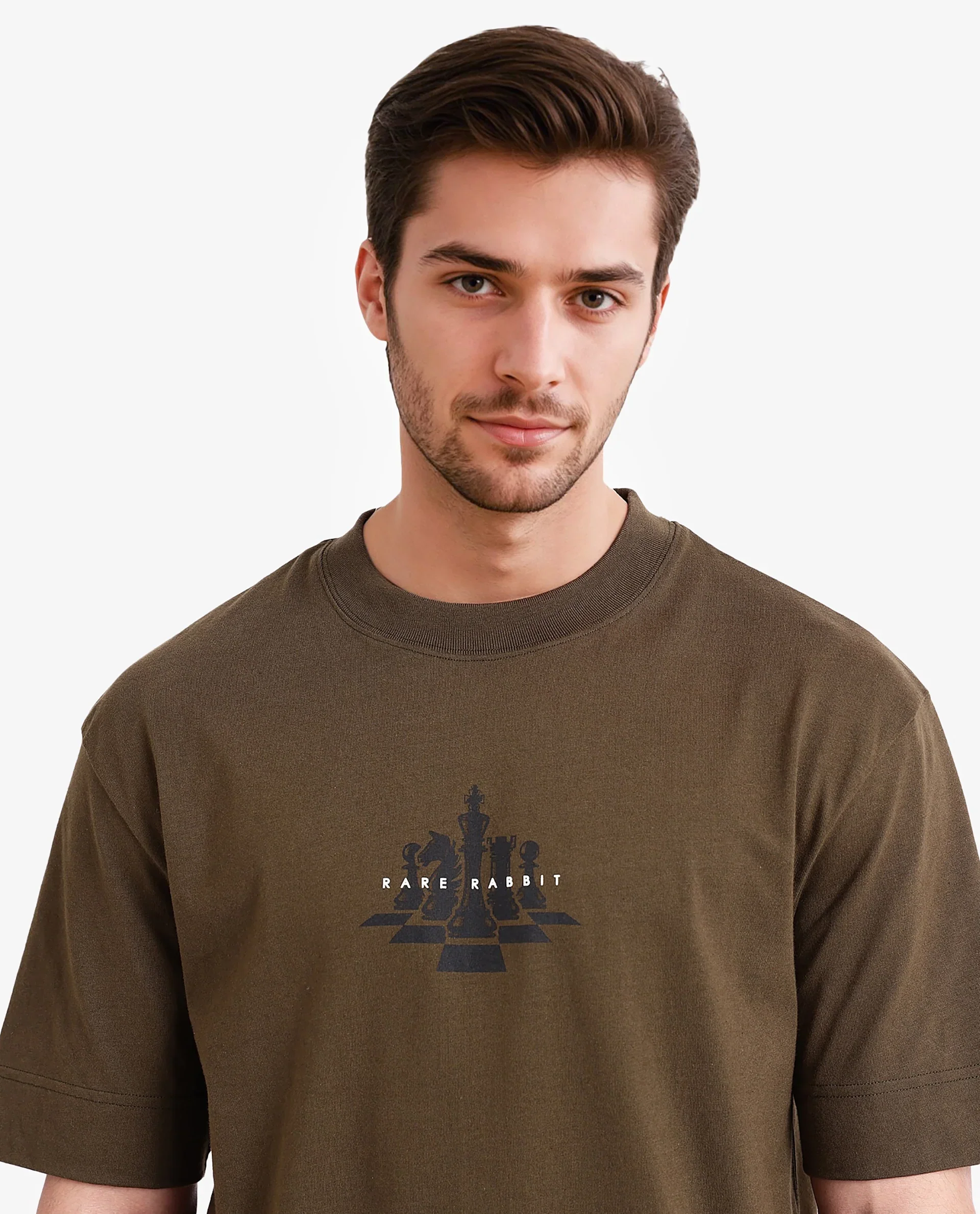 Rare Rabbit Men's Chess Olive Cotton Graphic Print Regular Fit Half Sleeve Crew Neck T-Shirt - Image 3