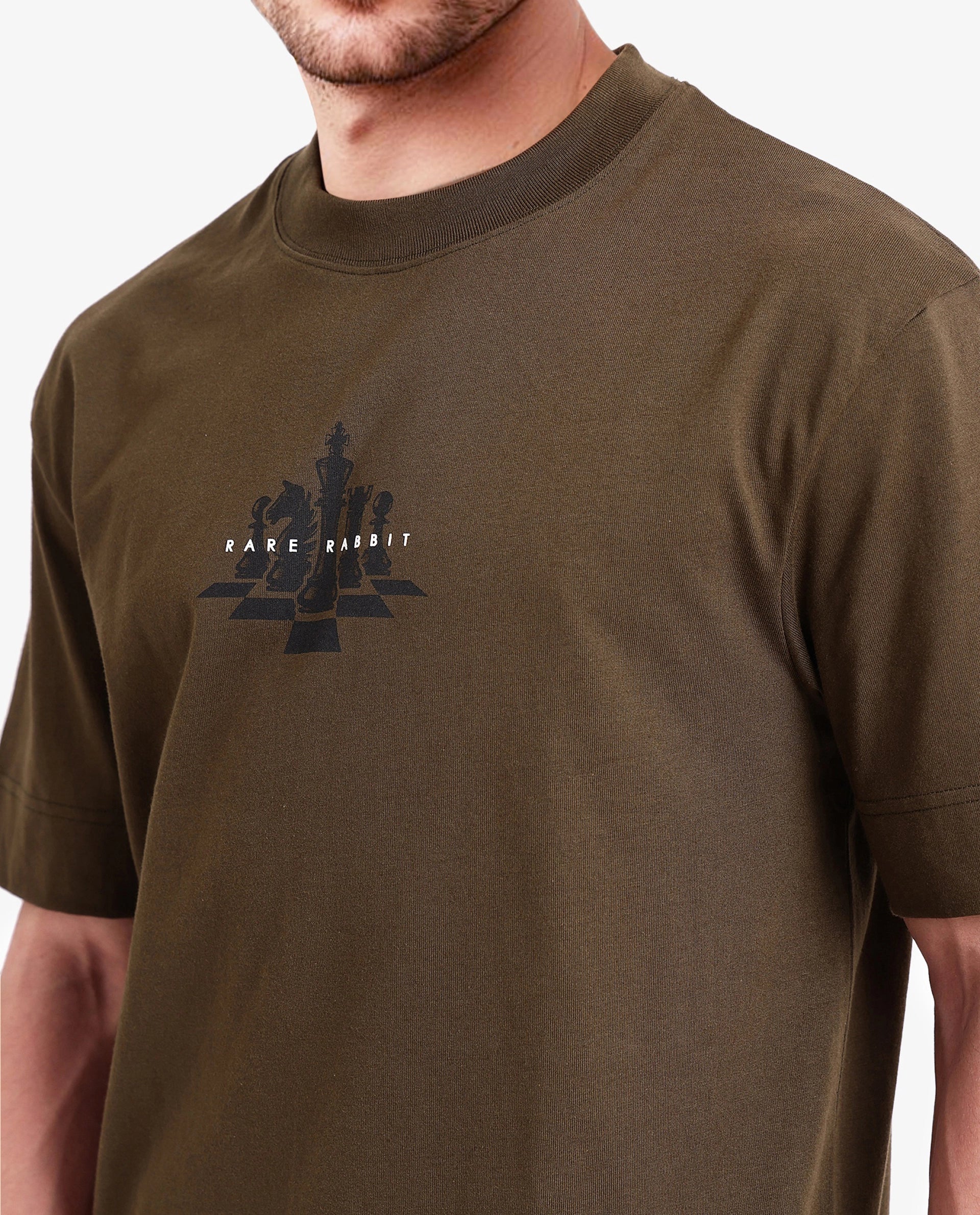 Rare Rabbit Men's Chess Olive Cotton Graphic Print Regular Fit Half Sleeve Crew Neck T-Shirt - Image 5