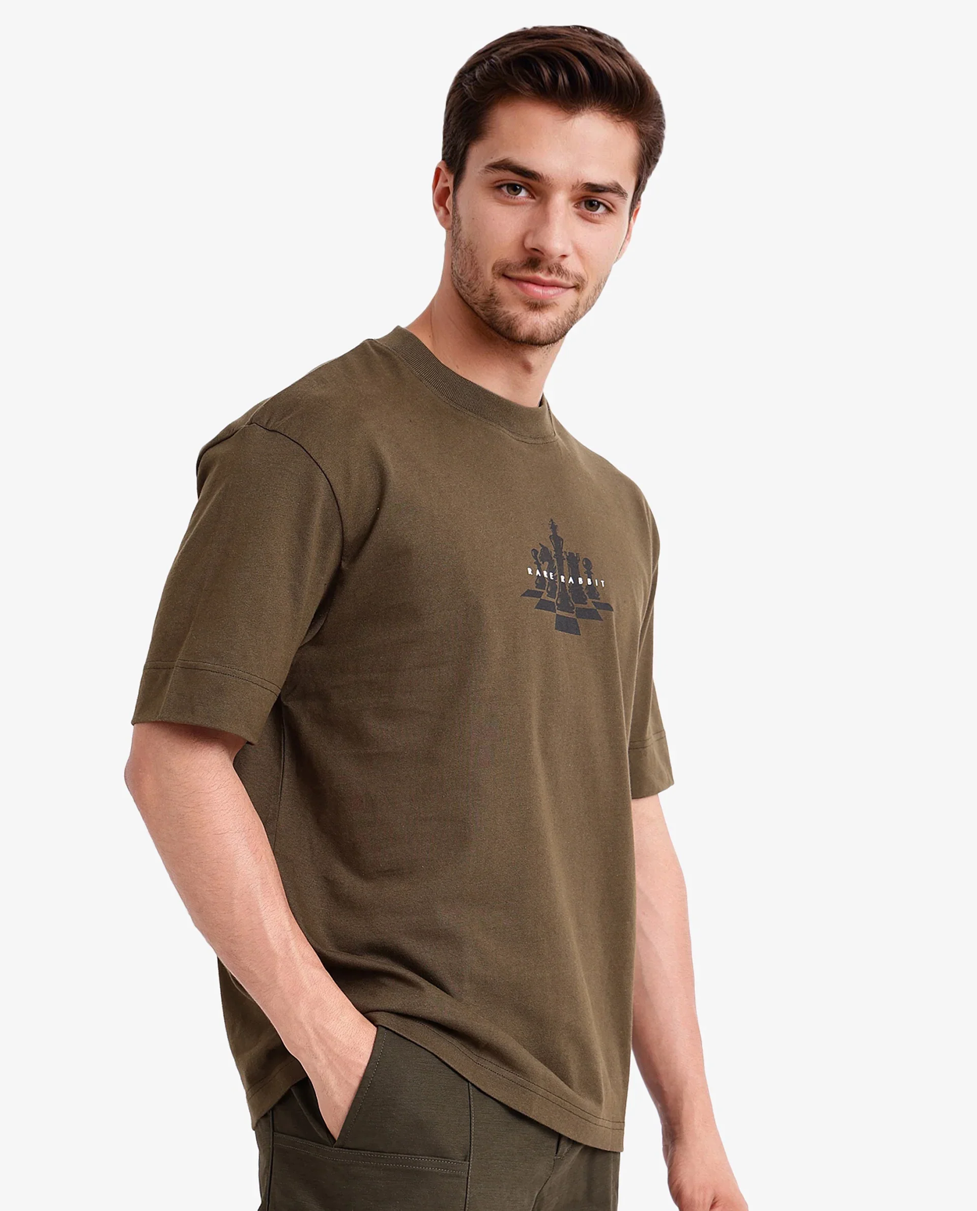 Rare Rabbit Men's Chess Olive Cotton Graphic Print Regular Fit Half Sleeve Crew Neck T-Shirt - Image 6