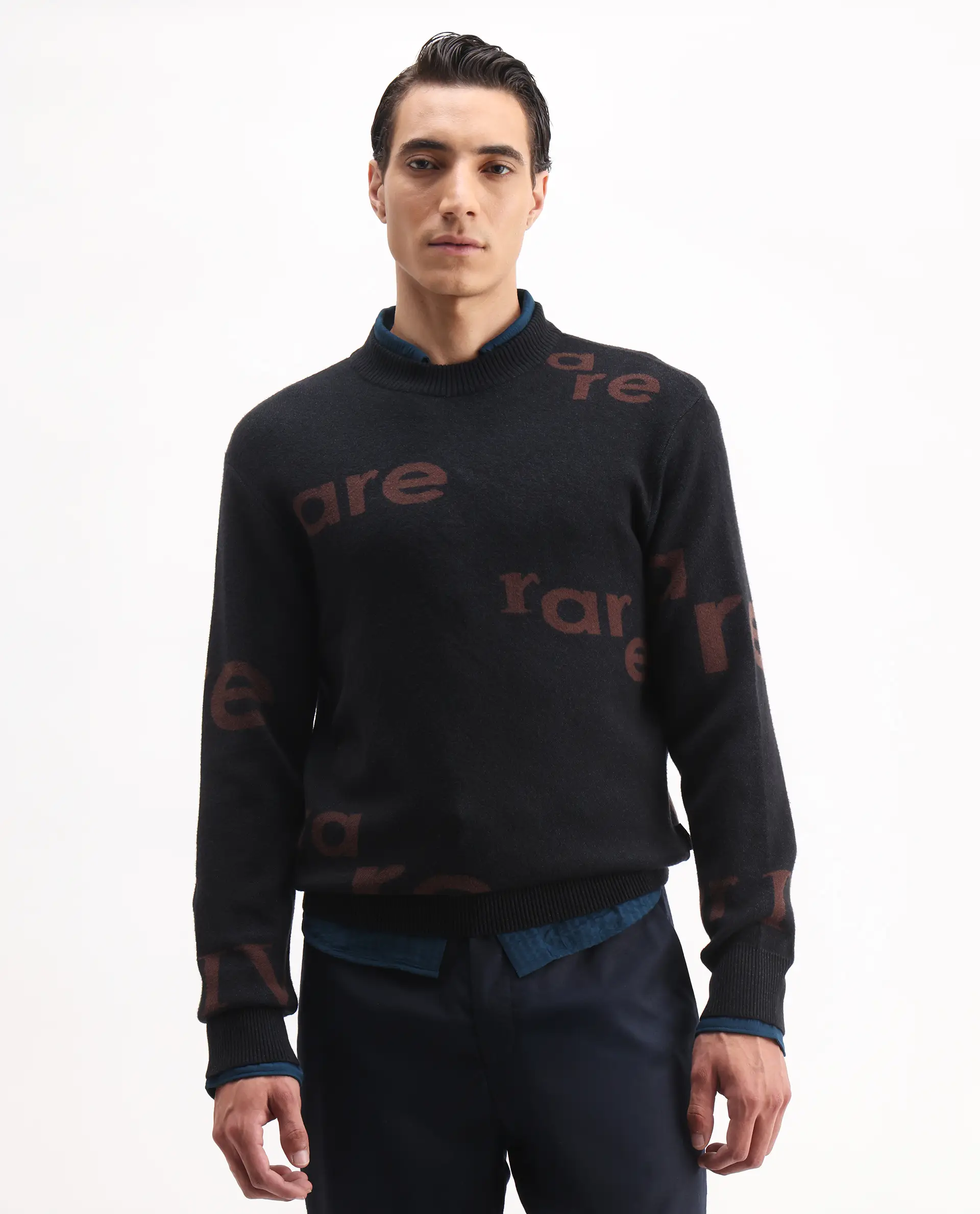 Rare Rabbit Men's Chet Dark Green Viscose Monogram Print Regular Fit Full Sleeve Crew Neck Sweater - Image 4