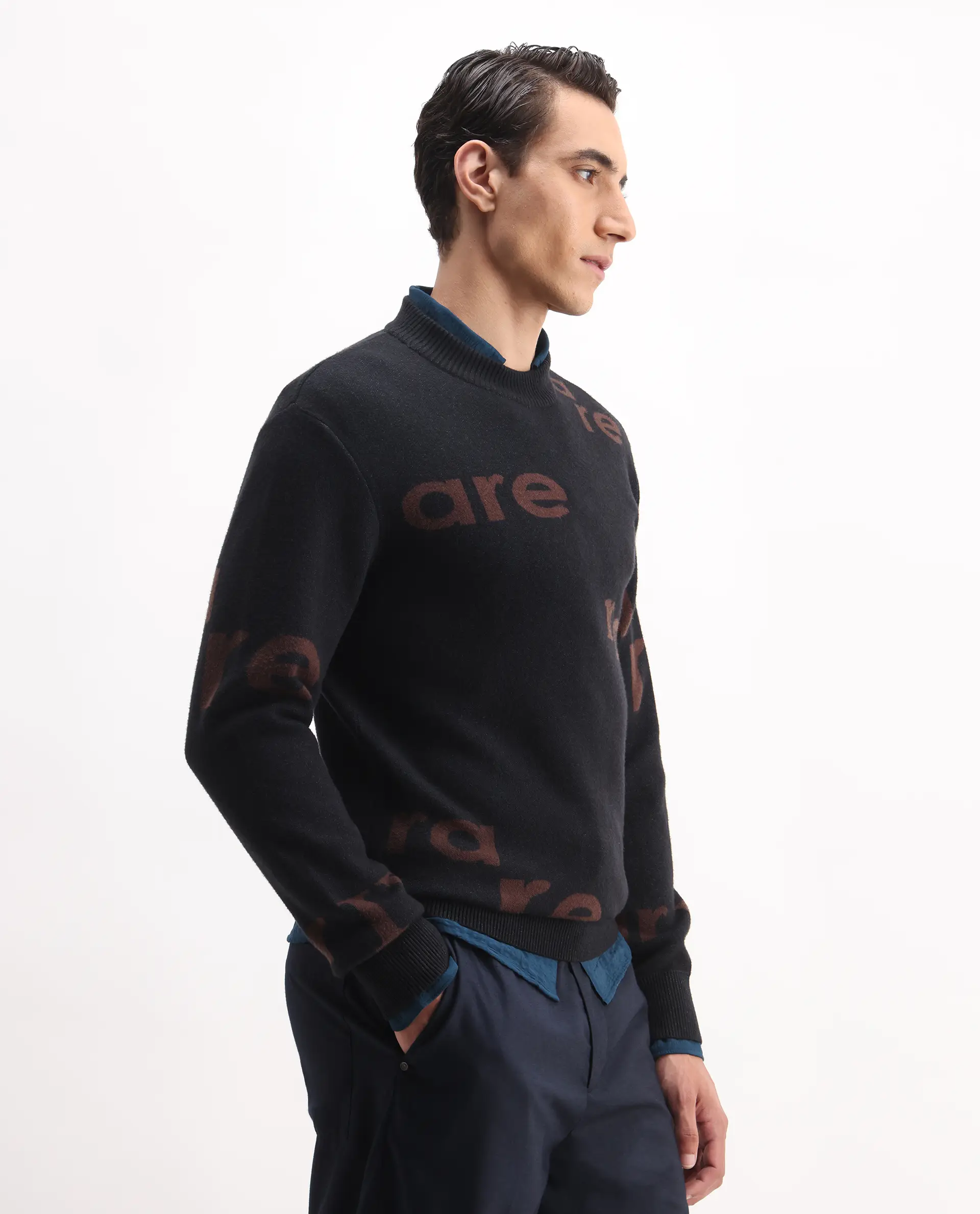Rare Rabbit Men's Chet Dark Green Viscose Monogram Print Regular Fit Full Sleeve Crew Neck Sweater - Image 6