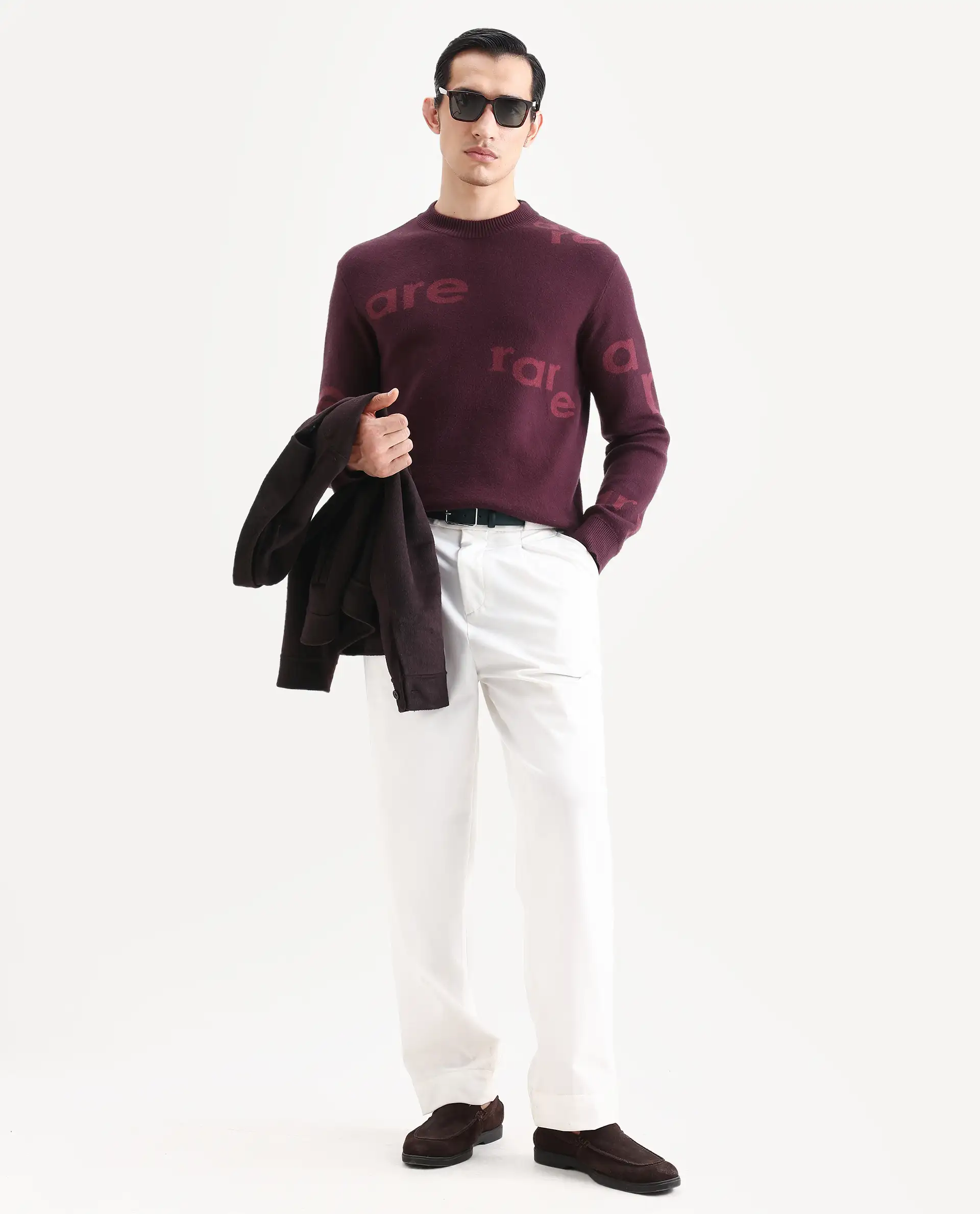 Rare Rabbit Men's Chet Dark Maroon Viscose Monogram Print Regular Fit Full Sleeve Crew Neck Sweater - Image 2