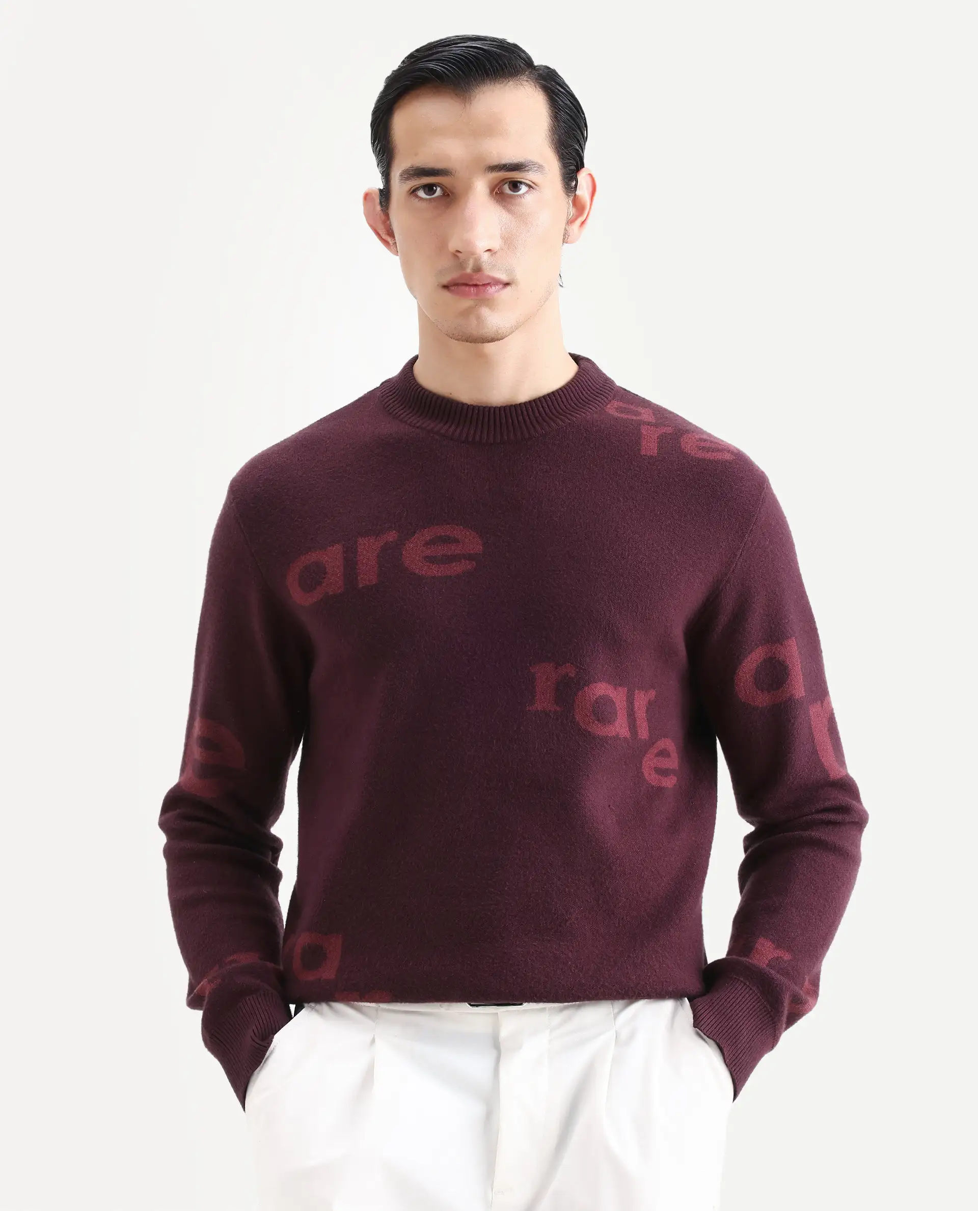 Rare Rabbit Men's Chet Dark Maroon Viscose Monogram Print Regular Fit Full Sleeve Crew Neck Sweater - Image 3