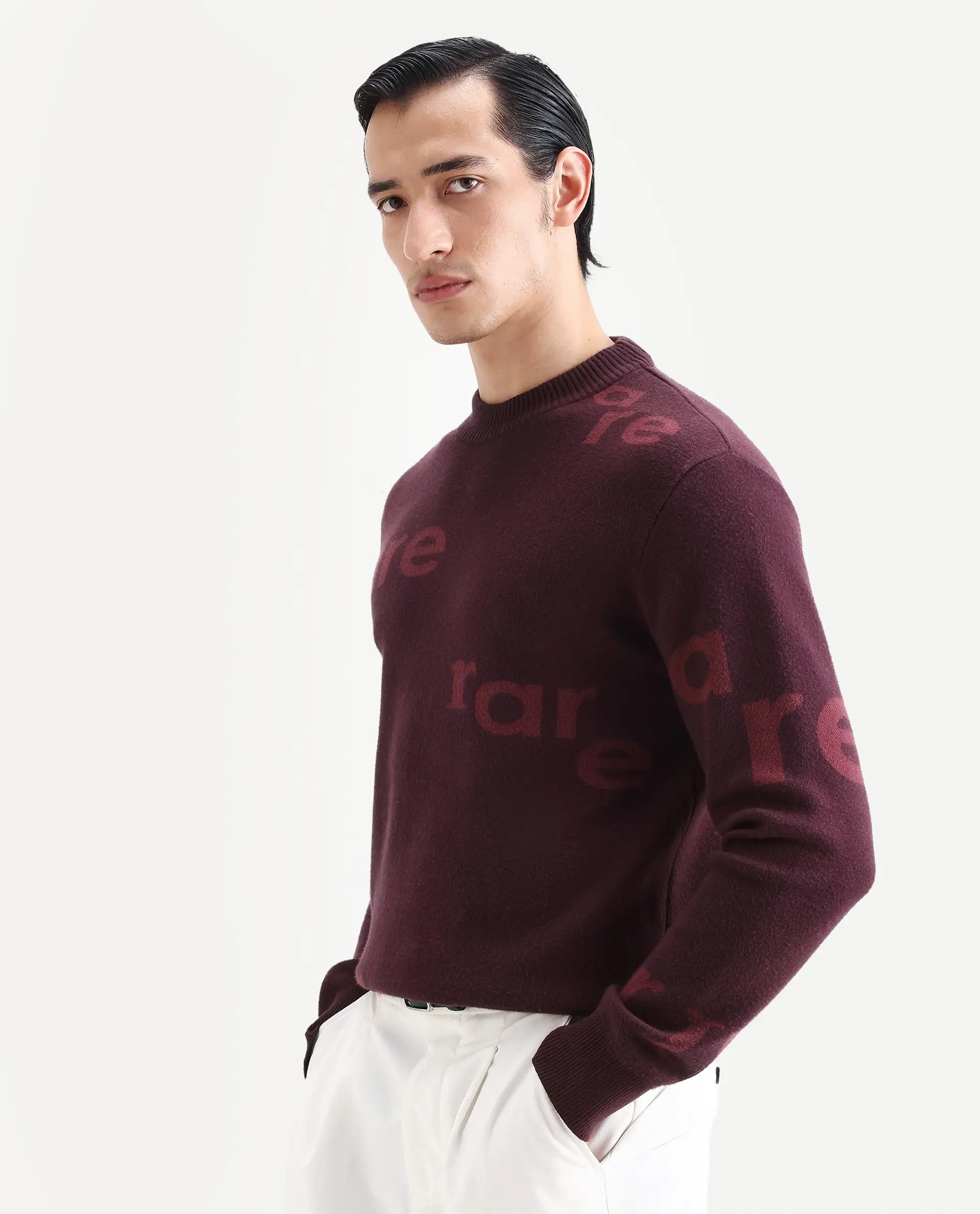 Rare Rabbit Men's Chet Dark Maroon Viscose Monogram Print Regular Fit Full Sleeve Crew Neck Sweater - Image 6