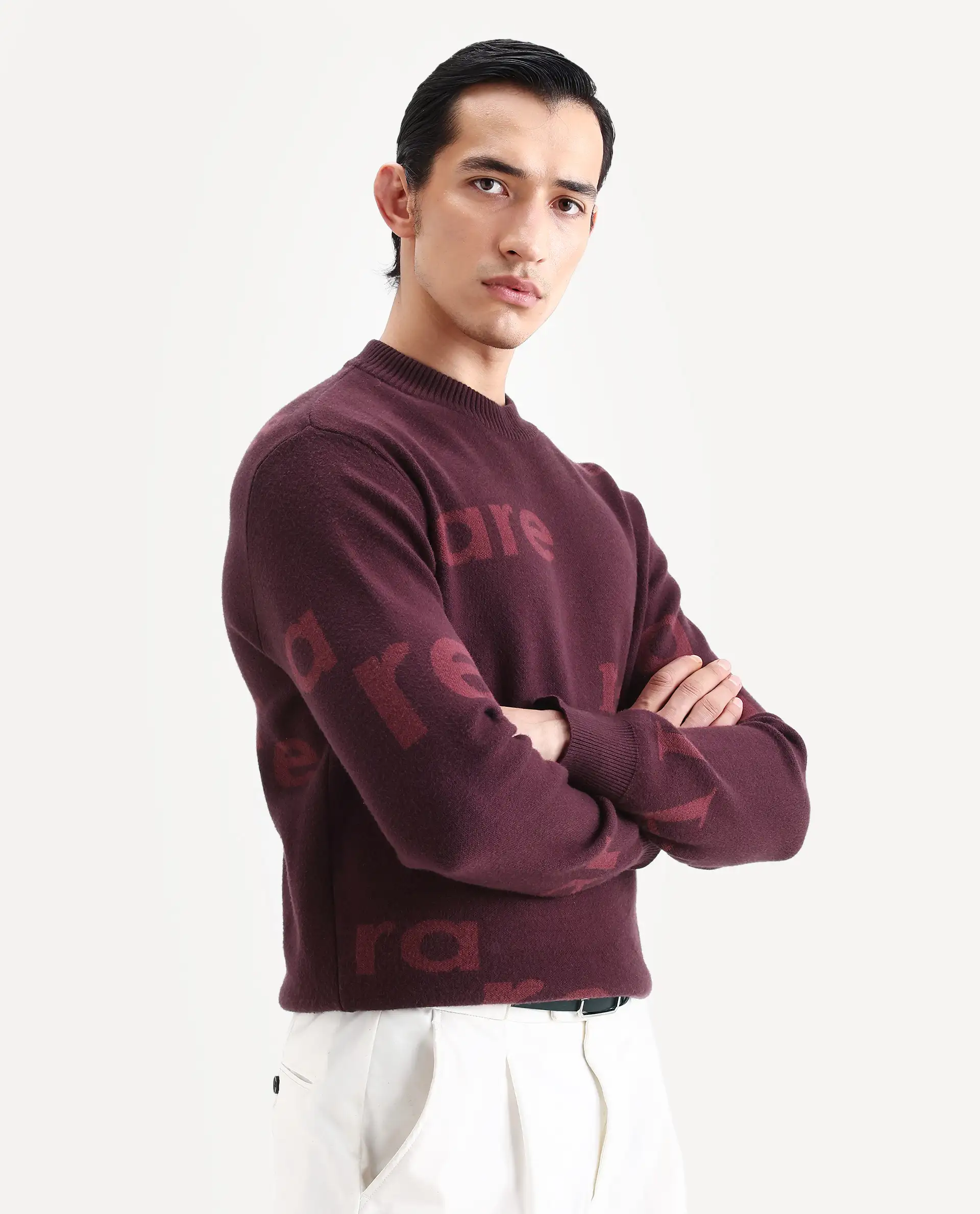 Rare Rabbit Men's Chet Dark Maroon Viscose Monogram Print Regular Fit Full Sleeve Crew Neck Sweater - Image 7