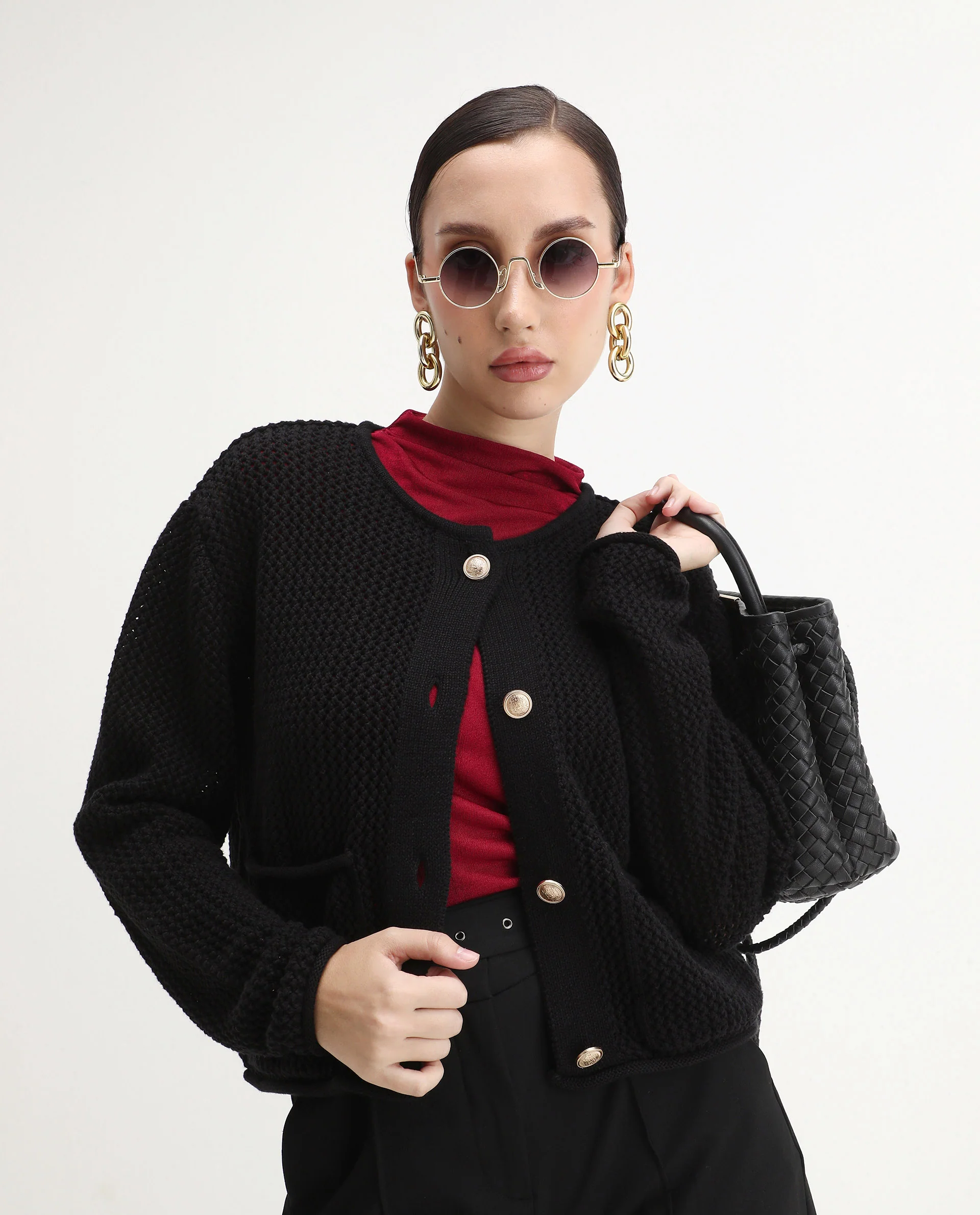 Rareism Women's Chetza Black Cotton Crew Neck Relaxed Fit Cardigan - Image 2