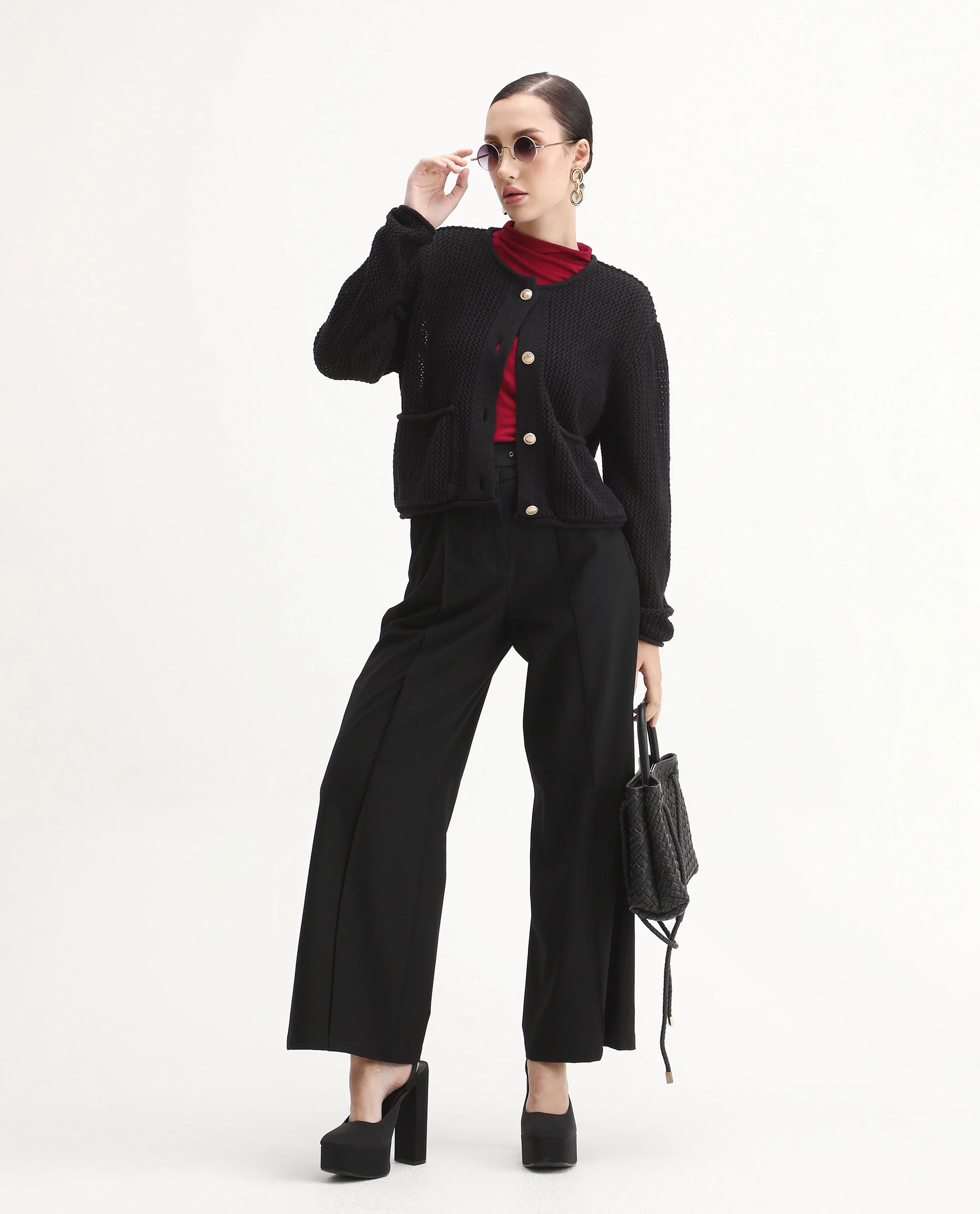 Rareism Women's Chetza Black Cotton Crew Neck Relaxed Fit Cardigan - Image 3