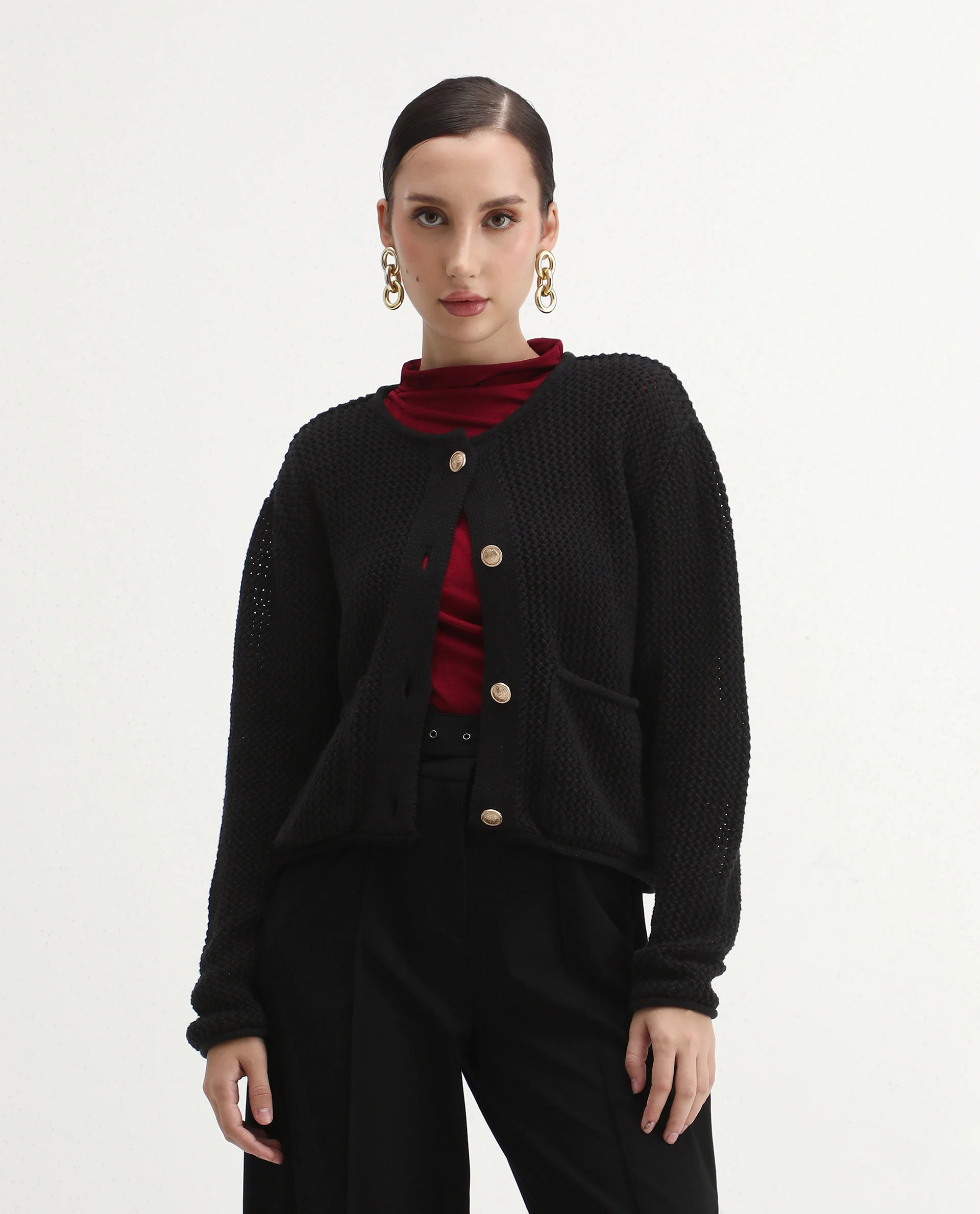 Rareism Women's Chetza Black Cotton Crew Neck Relaxed Fit Cardigan - Image 4