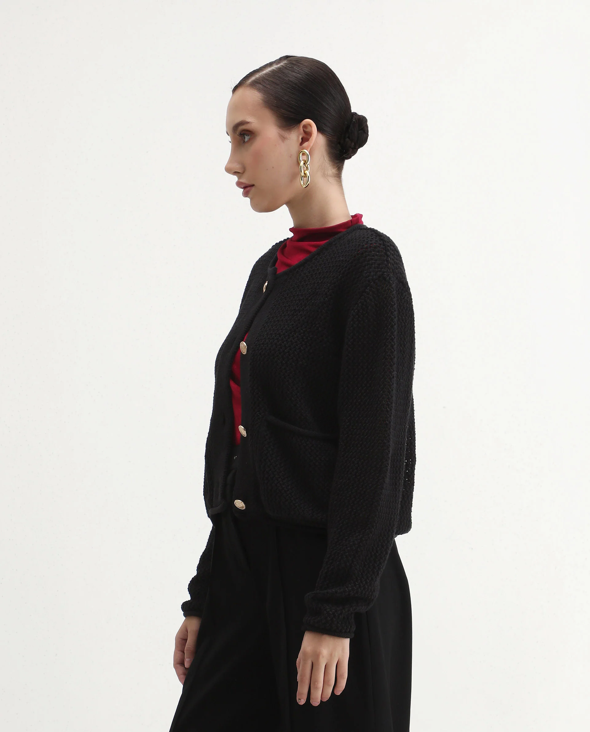 Rareism Women's Chetza Black Cotton Crew Neck Relaxed Fit Cardigan - Image 5