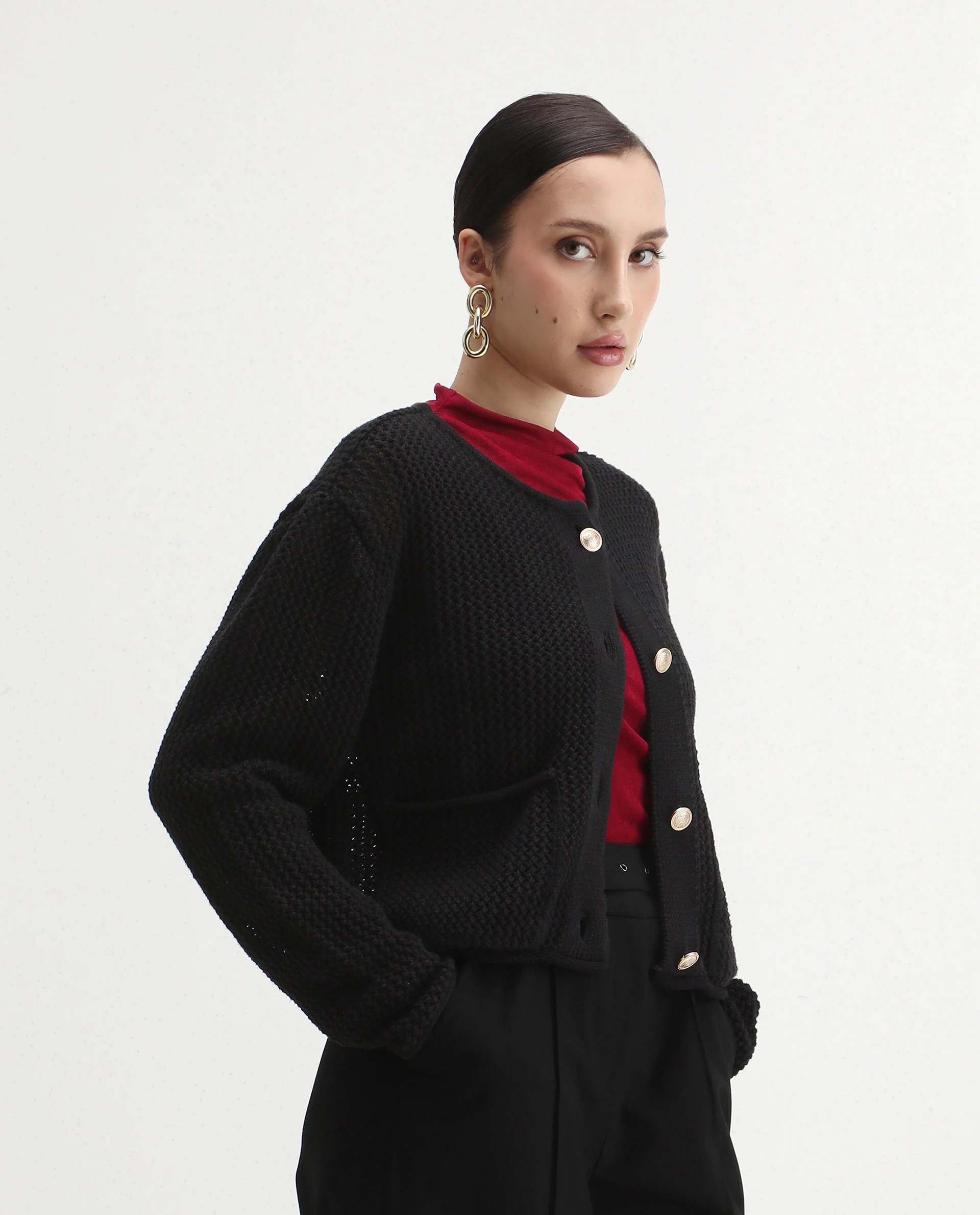 Rareism Women's Chetza Black Cotton Crew Neck Relaxed Fit Cardigan - Image 6