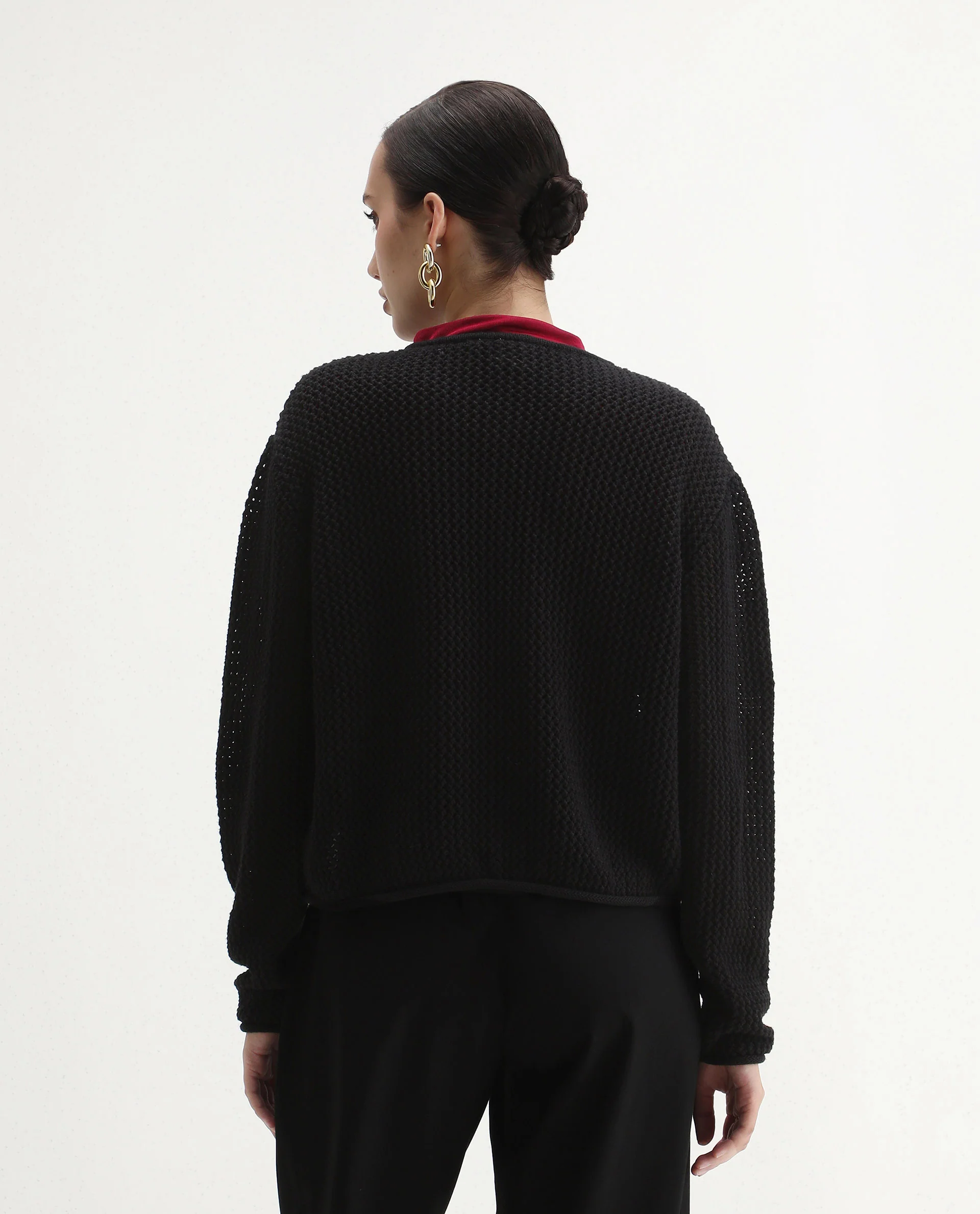 Rareism Women's Chetza Black Cotton Crew Neck Relaxed Fit Cardigan - Image 7