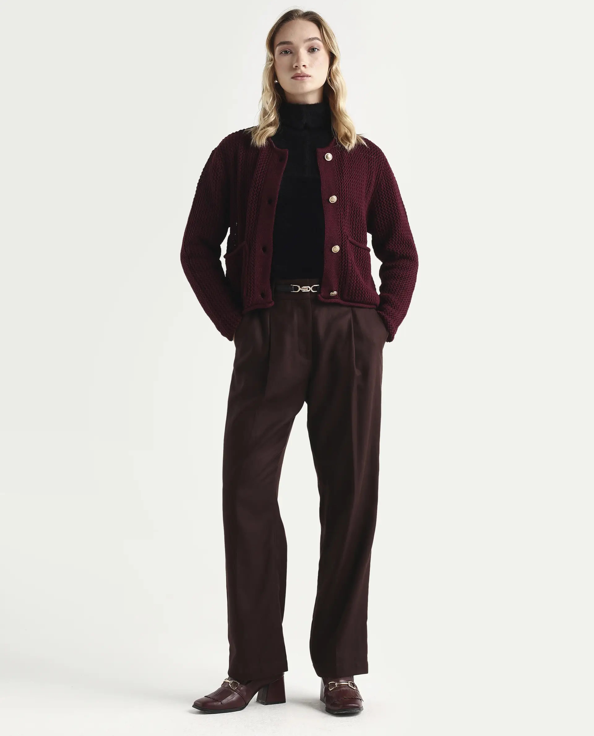 Rareism Women's Chetza Dark Maroon Cotton Crew Neck Relaxed Fit Cardigan - Image 2