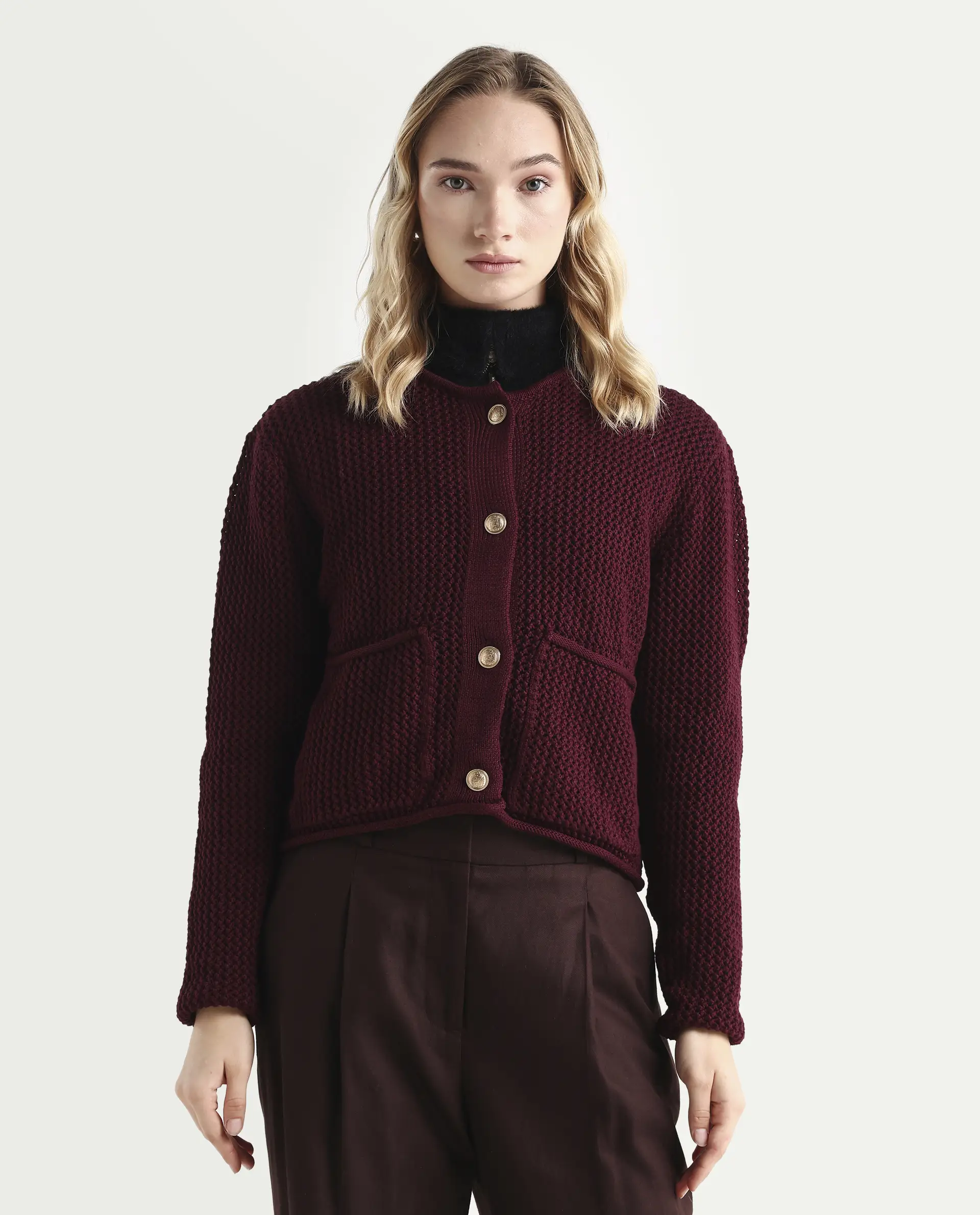 Rareism Women's Chetza Dark Maroon Cotton Crew Neck Relaxed Fit Cardigan - Image 3
