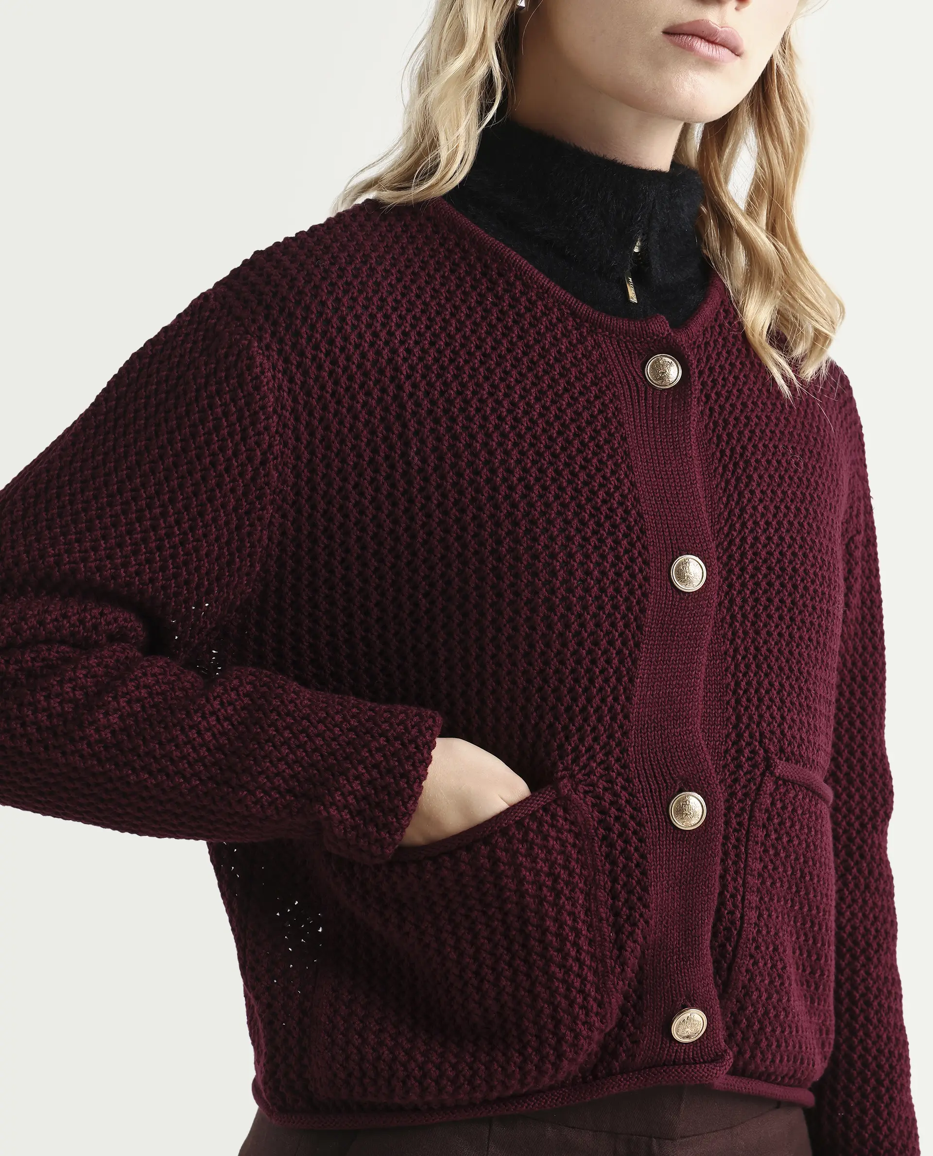 Rareism Women's Chetza Dark Maroon Cotton Crew Neck Relaxed Fit Cardigan - Image 4