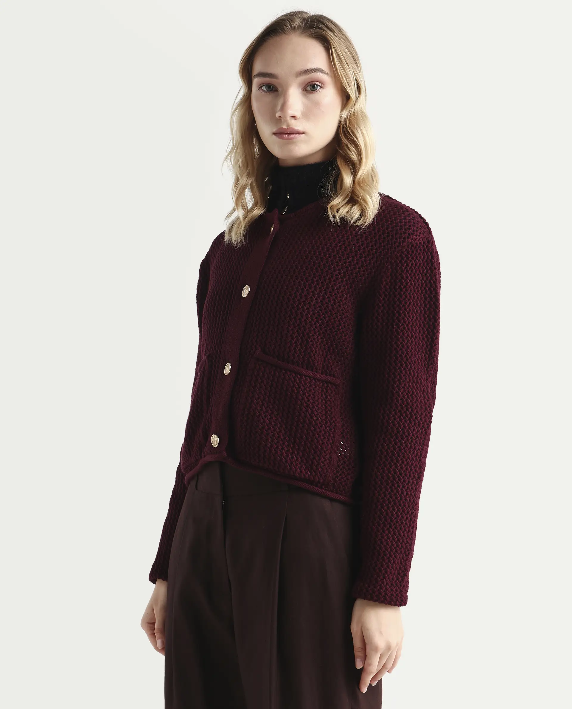 Rareism Women's Chetza Dark Maroon Cotton Crew Neck Relaxed Fit Cardigan - Image 5
