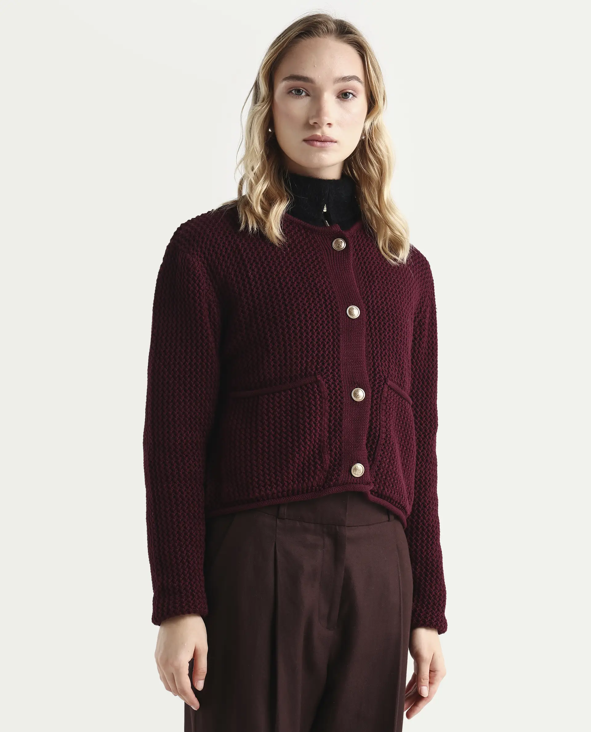 Rareism Women's Chetza Dark Maroon Cotton Crew Neck Relaxed Fit Cardigan - Image 6