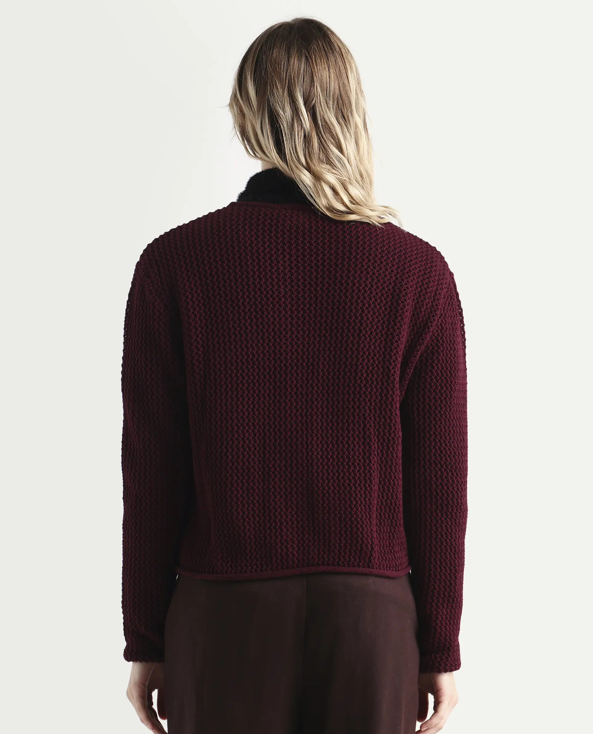Rareism Women's Chetza Dark Maroon Cotton Crew Neck Relaxed Fit Cardigan - Image 7