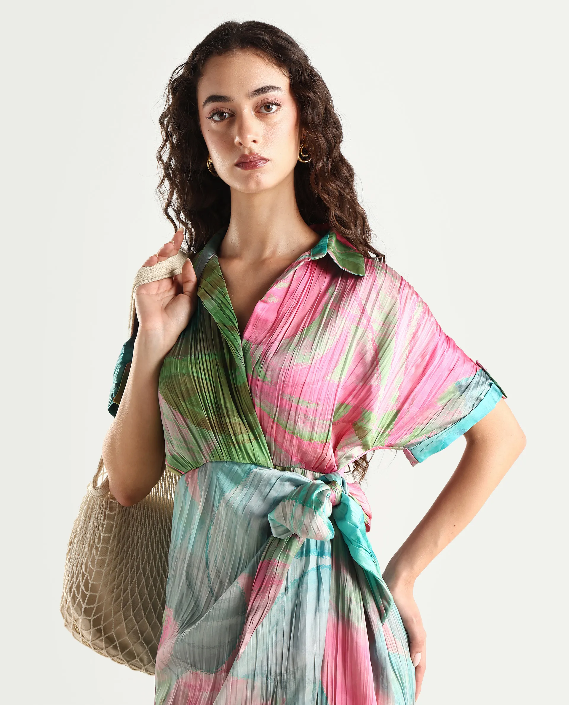 Rareism Women's Chiapas Dusky Multi Polyester Drop Collar Abstract Print Extended Sleeves Maxi Straight Fit Dress - Image 2