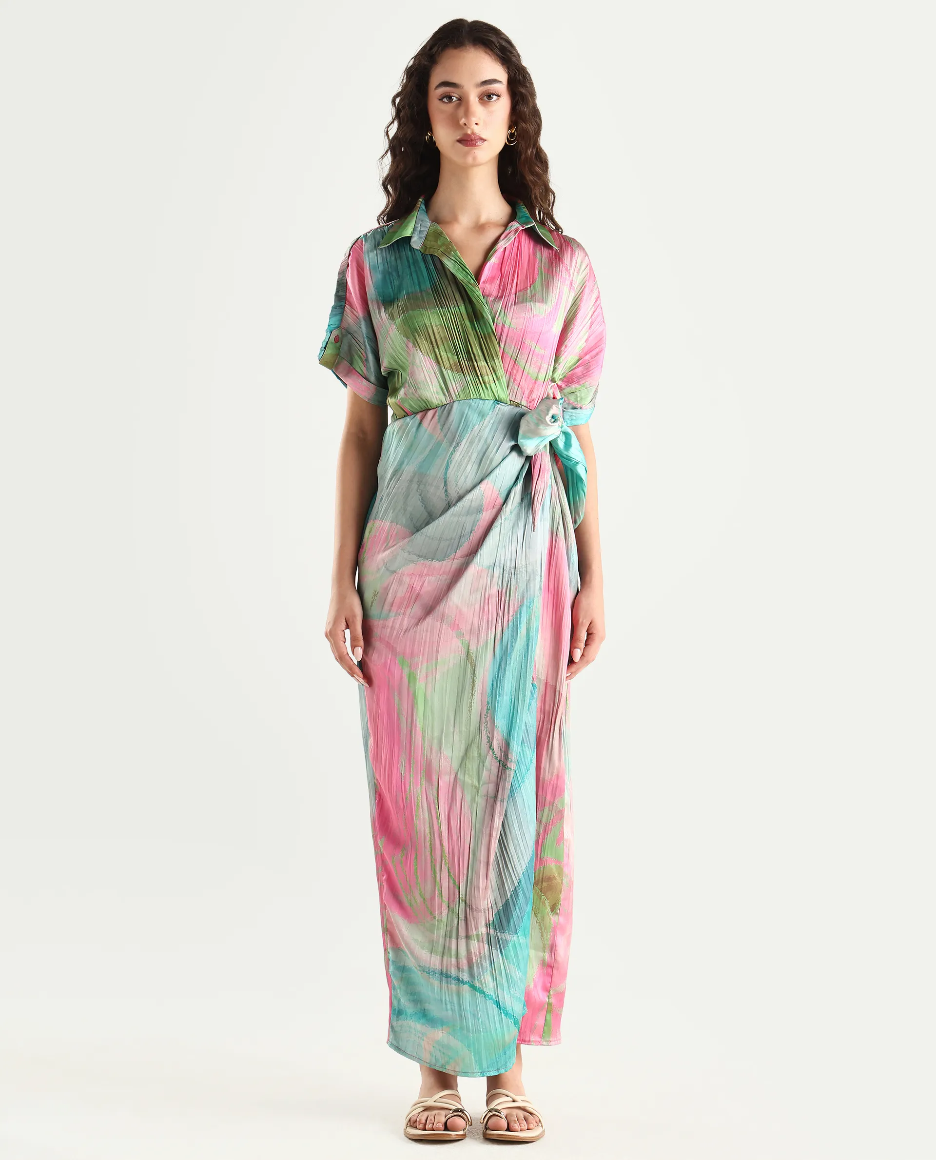 Rareism Women's Chiapas Dusky Multi Polyester Drop Collar Abstract Print Extended Sleeves Maxi Straight Fit Dress - Image 3