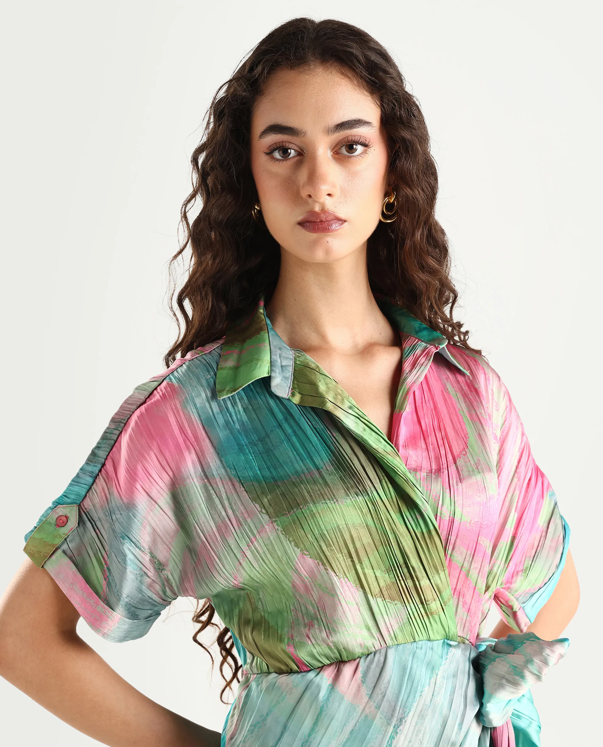 Rareism Women's Chiapas Dusky Multi Polyester Drop Collar Abstract Print Extended Sleeves Maxi Straight Fit Dress - Image 4