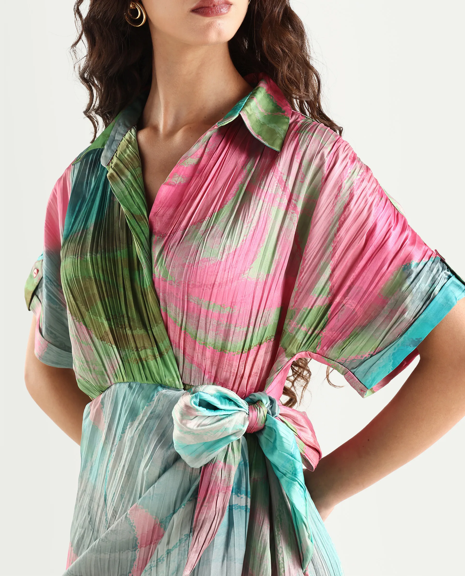 Rareism Women's Chiapas Dusky Multi Polyester Drop Collar Abstract Print Extended Sleeves Maxi Straight Fit Dress - Image 5
