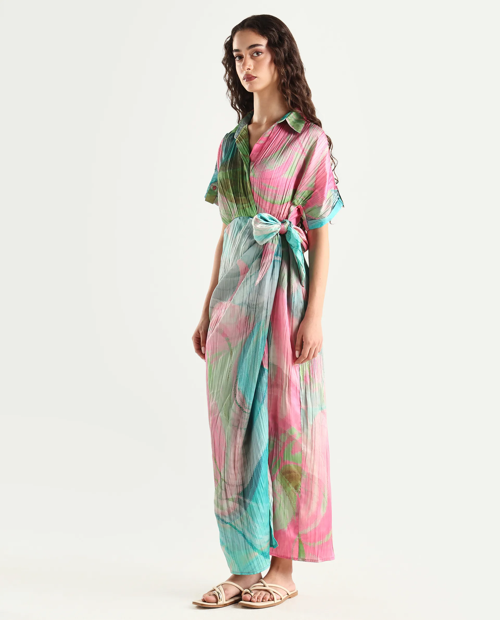 Rareism Women's Chiapas Dusky Multi Polyester Drop Collar Abstract Print Extended Sleeves Maxi Straight Fit Dress - Image 6