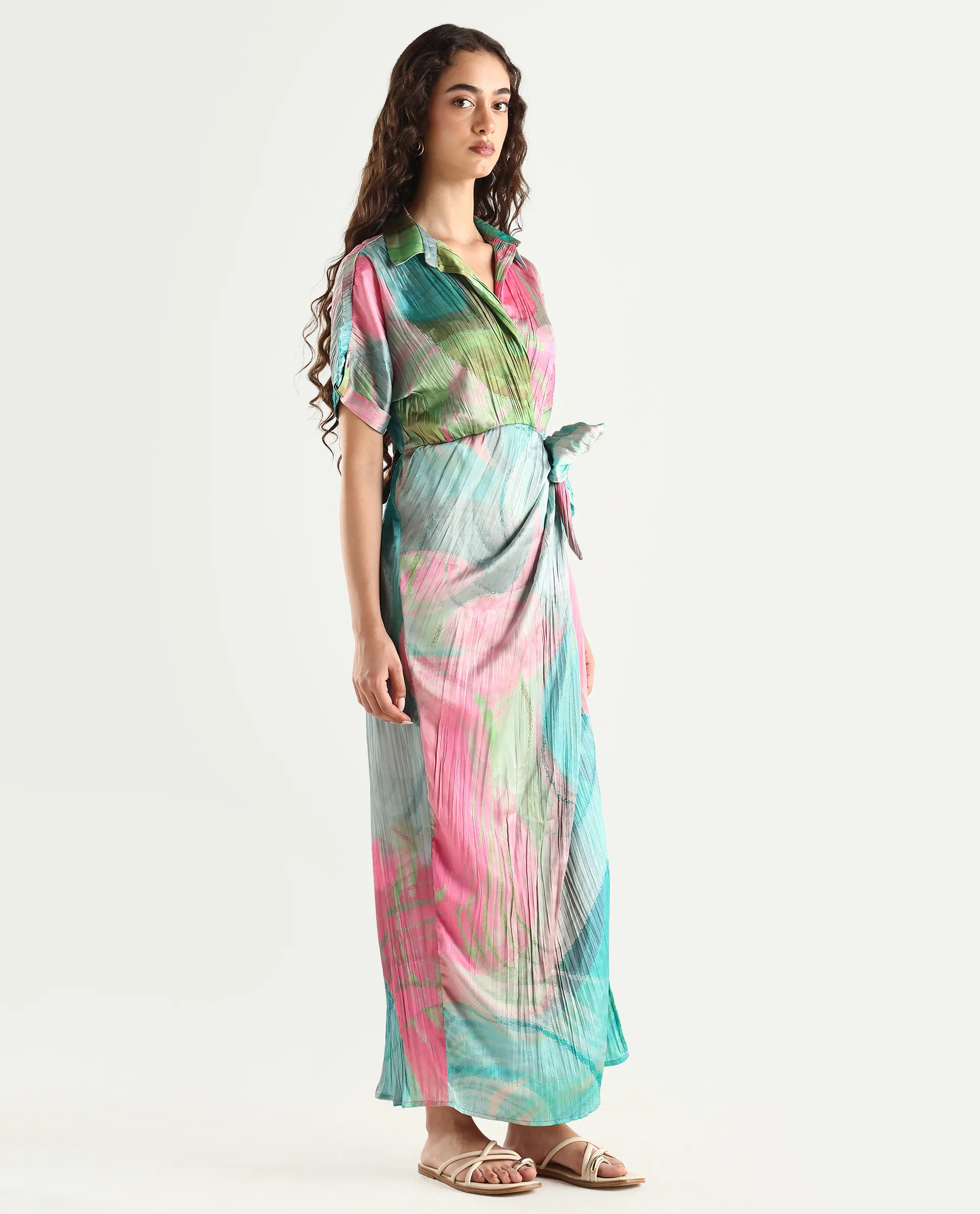 Rareism Women's Chiapas Dusky Multi Polyester Drop Collar Abstract Print Extended Sleeves Maxi Straight Fit Dress - Image 7