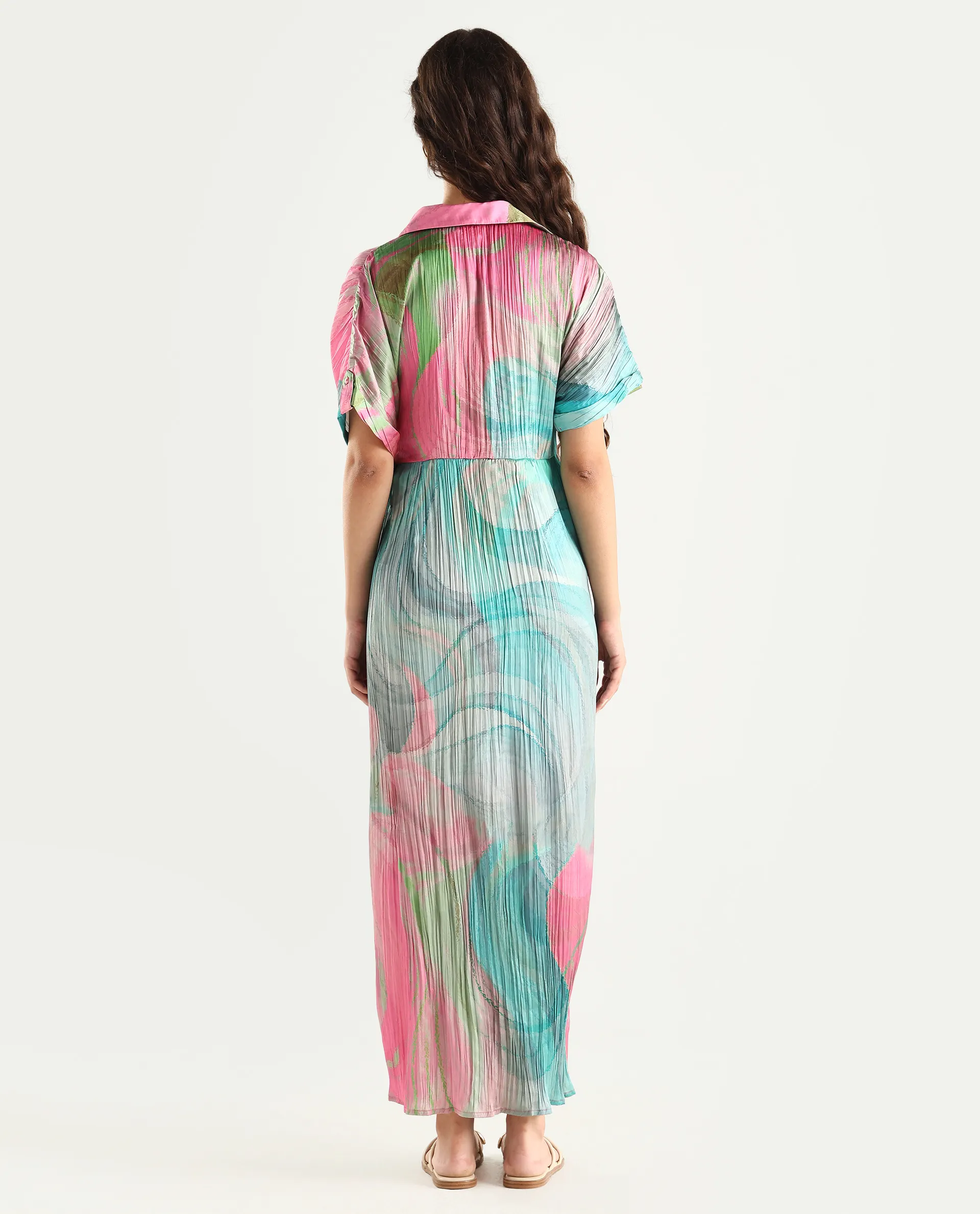 Rareism Women's Chiapas Dusky Multi Polyester Drop Collar Abstract Print Extended Sleeves Maxi Straight Fit Dress - Image 8