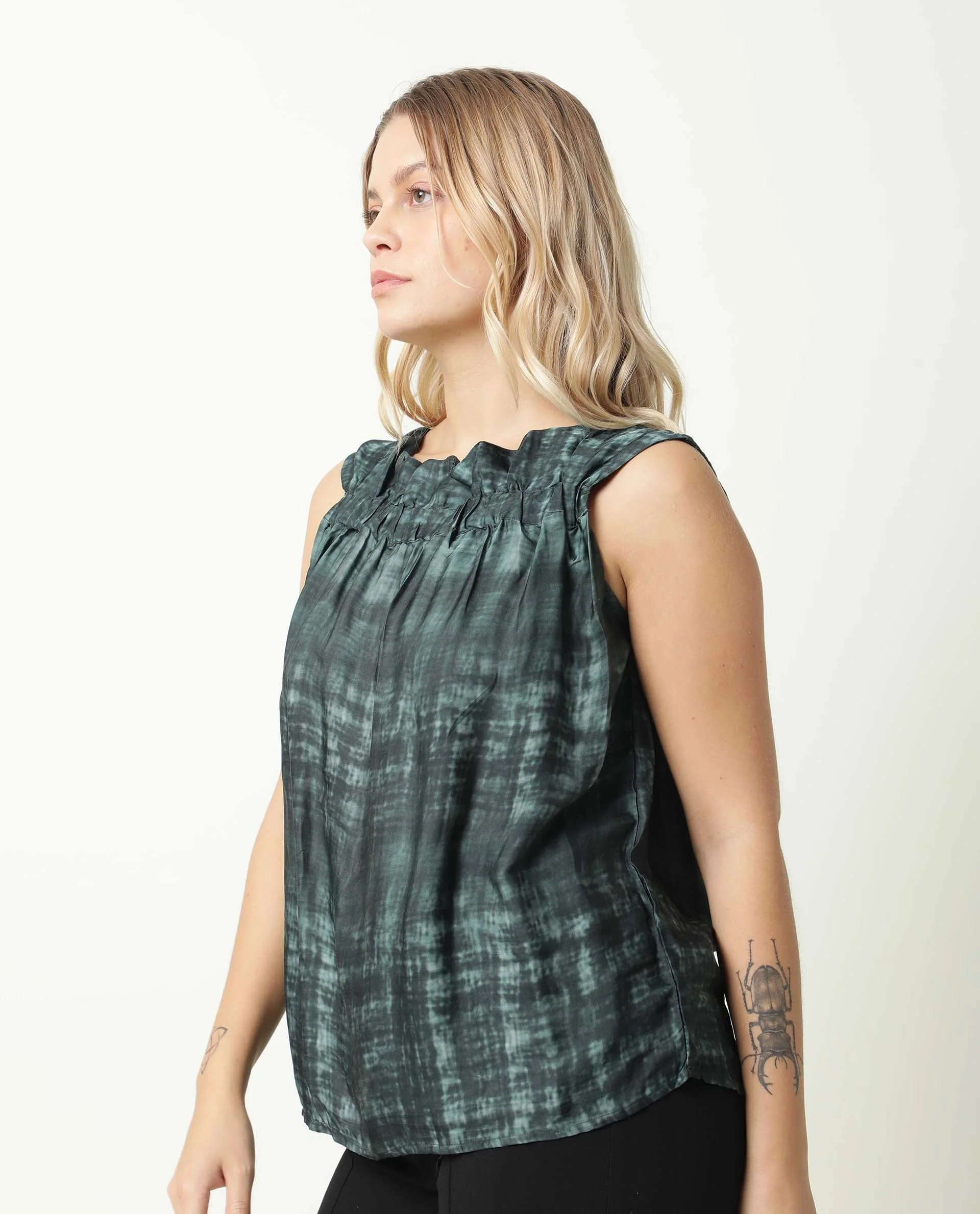 Rareism Women's Chiat Green Modal Boat Neck Ombre Sleeveless Relaxed Fit Top - Image 5
