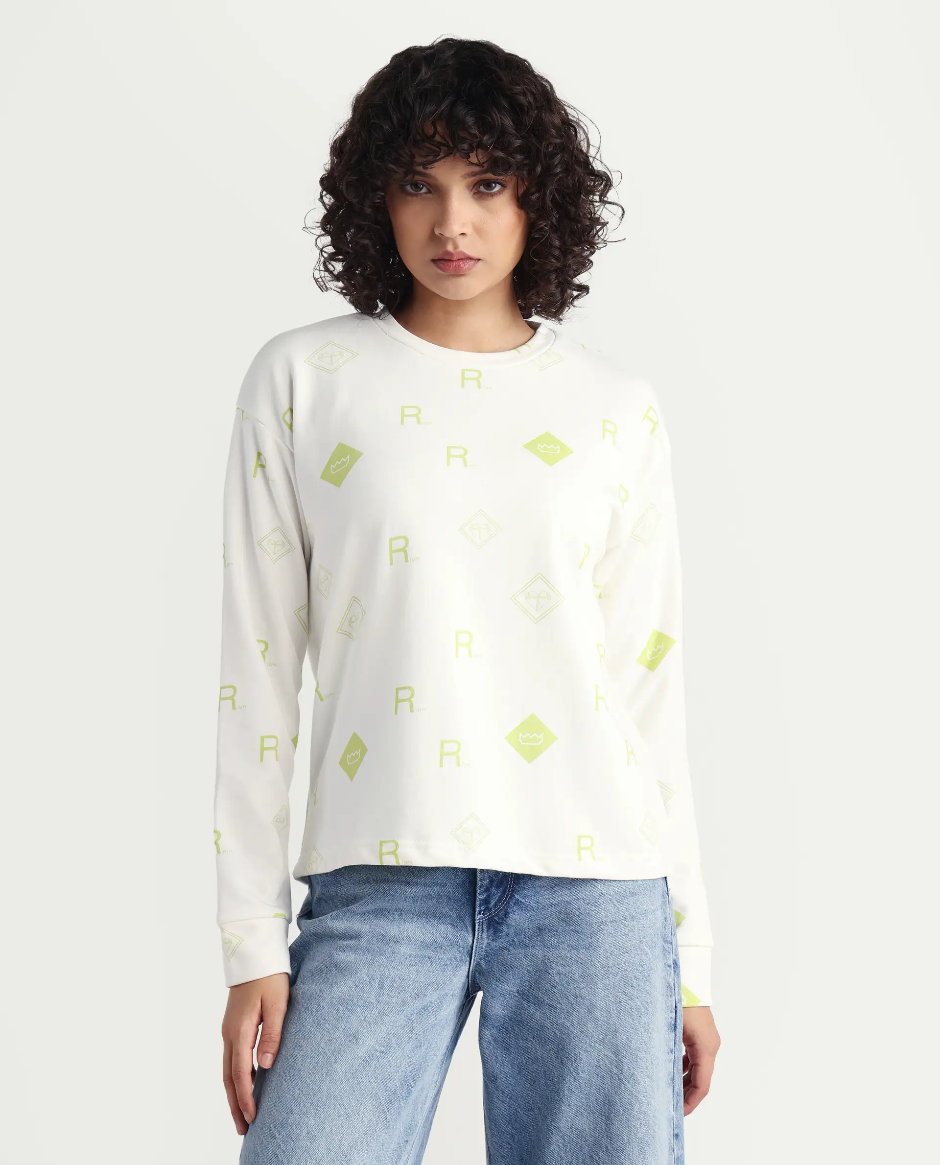 Rareism Women's Chico Off White Polyester Blend Crew Neck Graphic Print Regular Fit Sweatshirt - Image 3