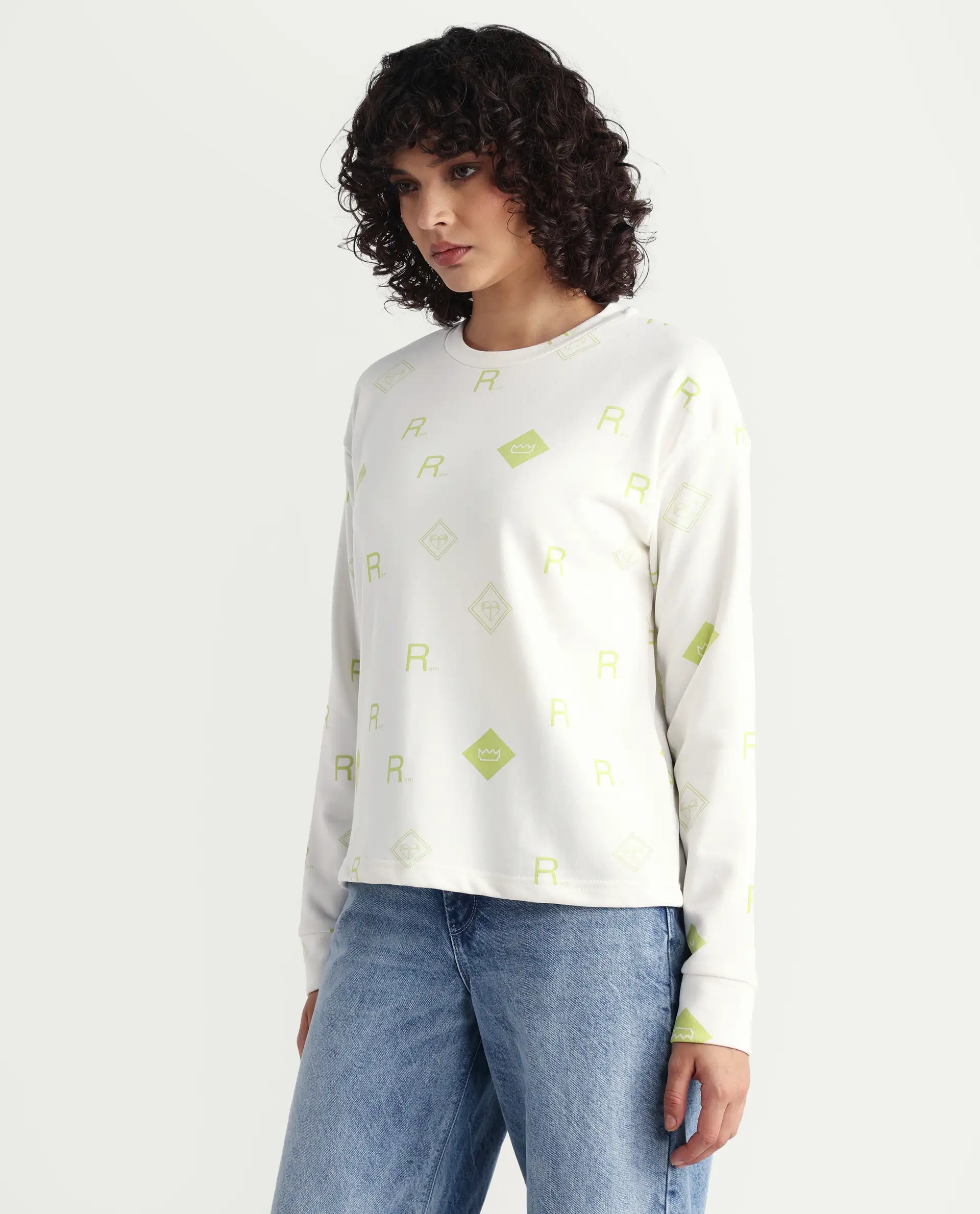 Rareism Women's Chico Off White Polyester Blend Crew Neck Graphic Print Regular Fit Sweatshirt - Image 6