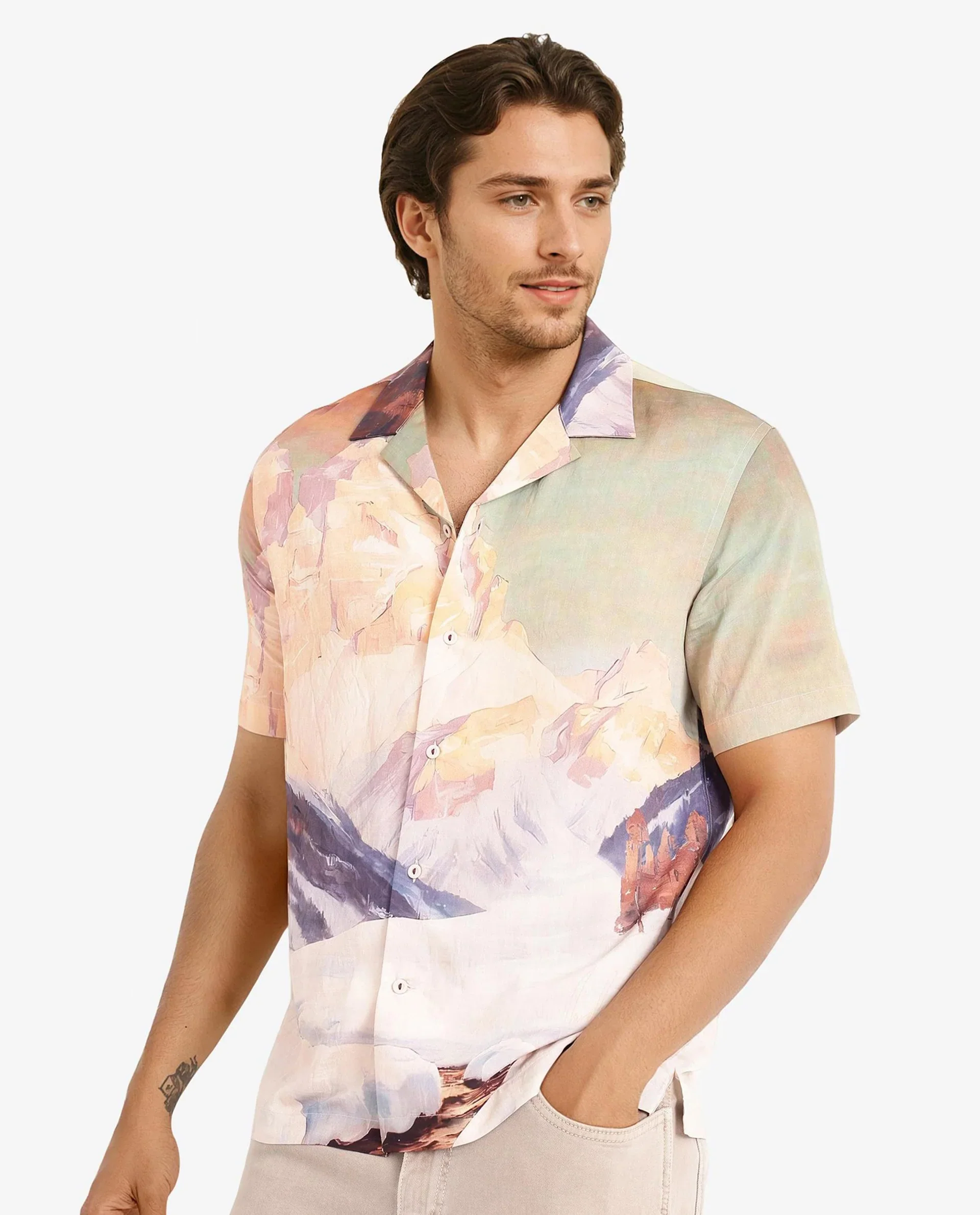 Rare Rabbit Men's Chil Light Orange Cotton Decorative Print Boxy Fit Half Sleeve Cuban Collar Shirt - Image 5