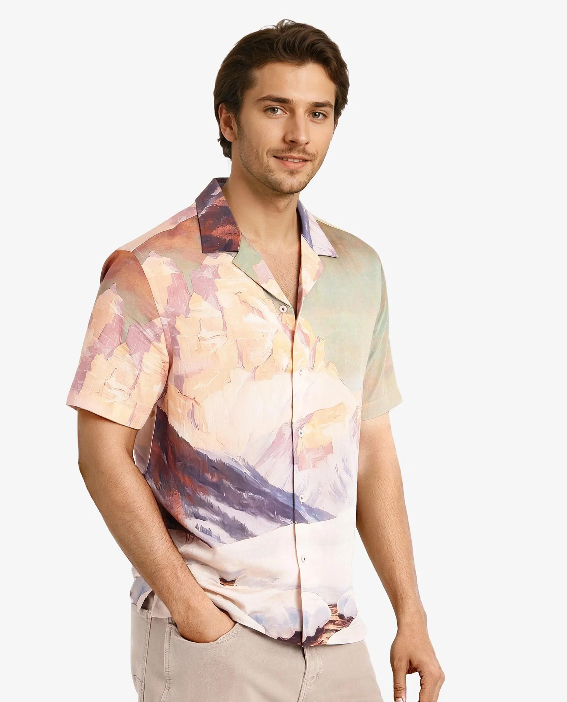 Rare Rabbit Men's Chil Light Orange Cotton Decorative Print Boxy Fit Half Sleeve Cuban Collar Shirt - Image 7
