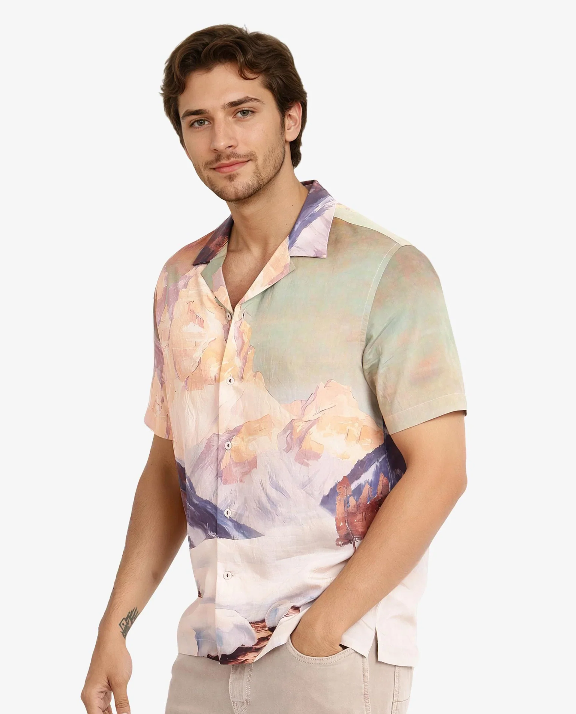 Rare Rabbit Men's Chil Light Orange Cotton Decorative Print Boxy Fit Half Sleeve Cuban Collar Shirt - Image 8
